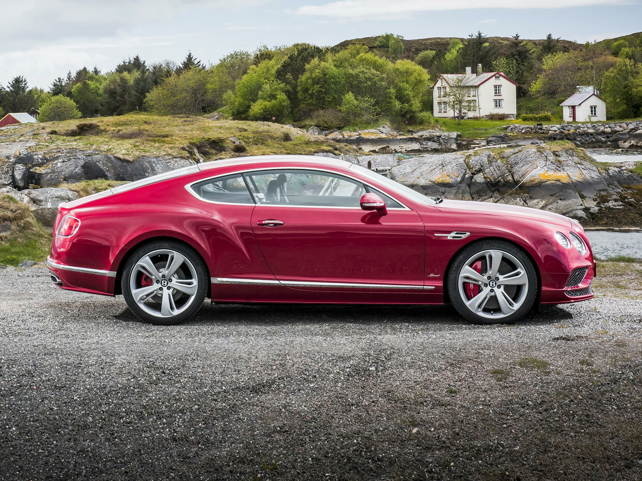 Side profile showing coupe shape and alloy wheels of a luxury grand tourer.