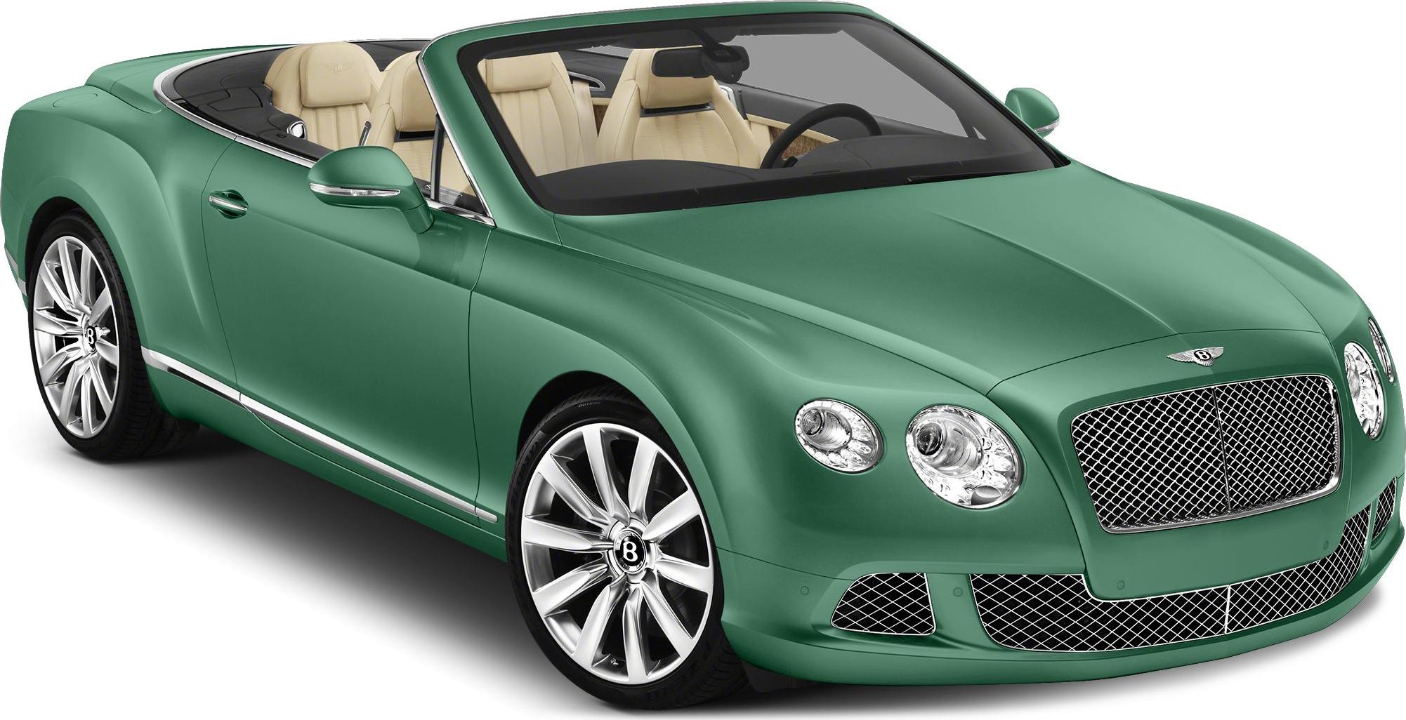 Front-side view of green convertible with mesh grille and beige leather seats