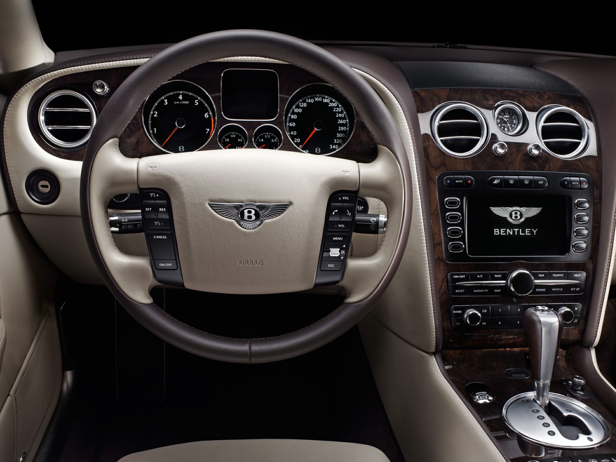 Luxury steering wheel and dashboard with wood trim and analog gauges