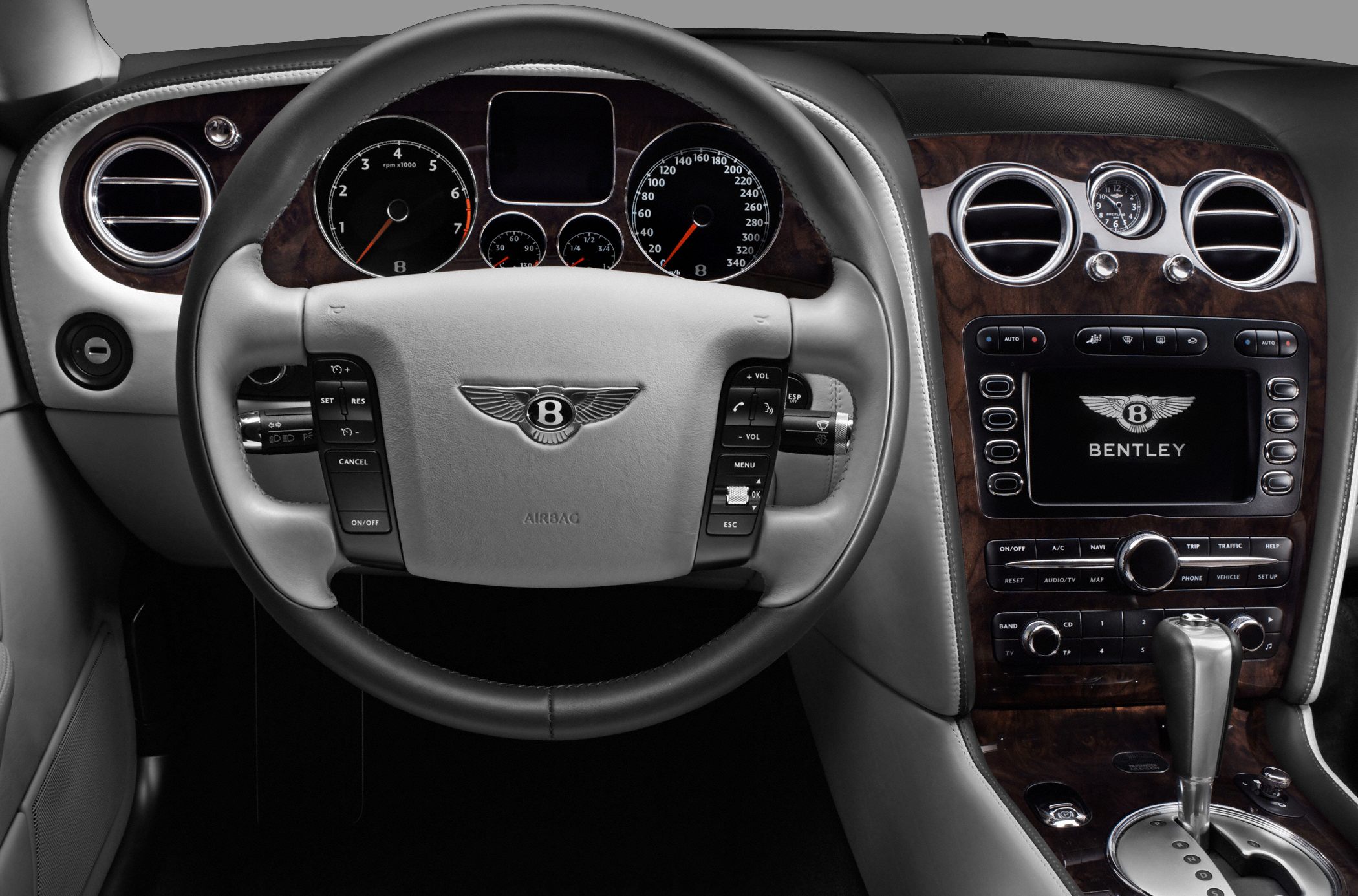 Luxury dashboard and steering wheel with wood trim and analog gauges