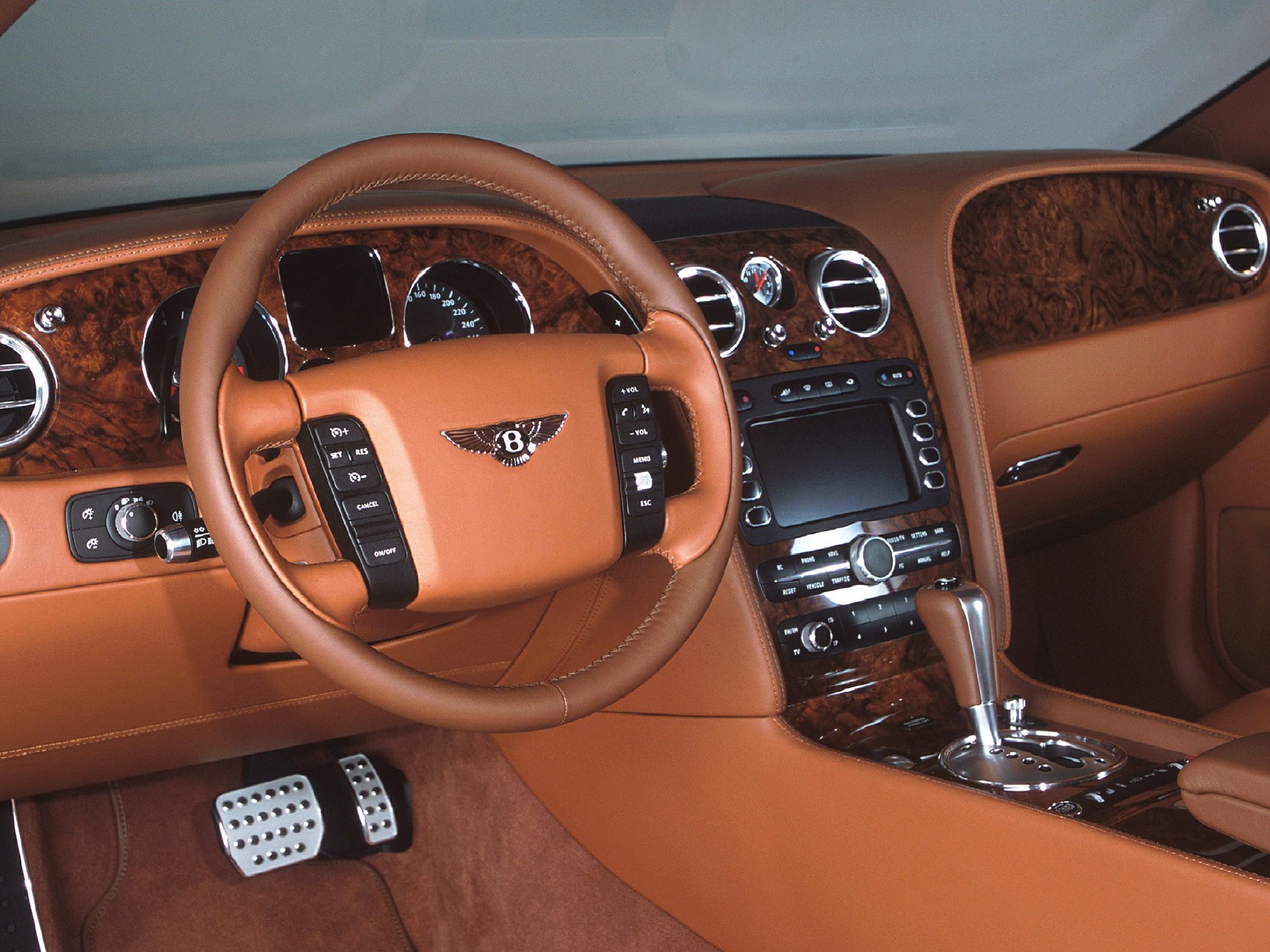 Tan leather interior with wood trim and multifunction steering wheel