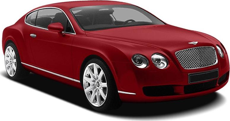 Red luxury coupe with dual round headlights and mesh grille.