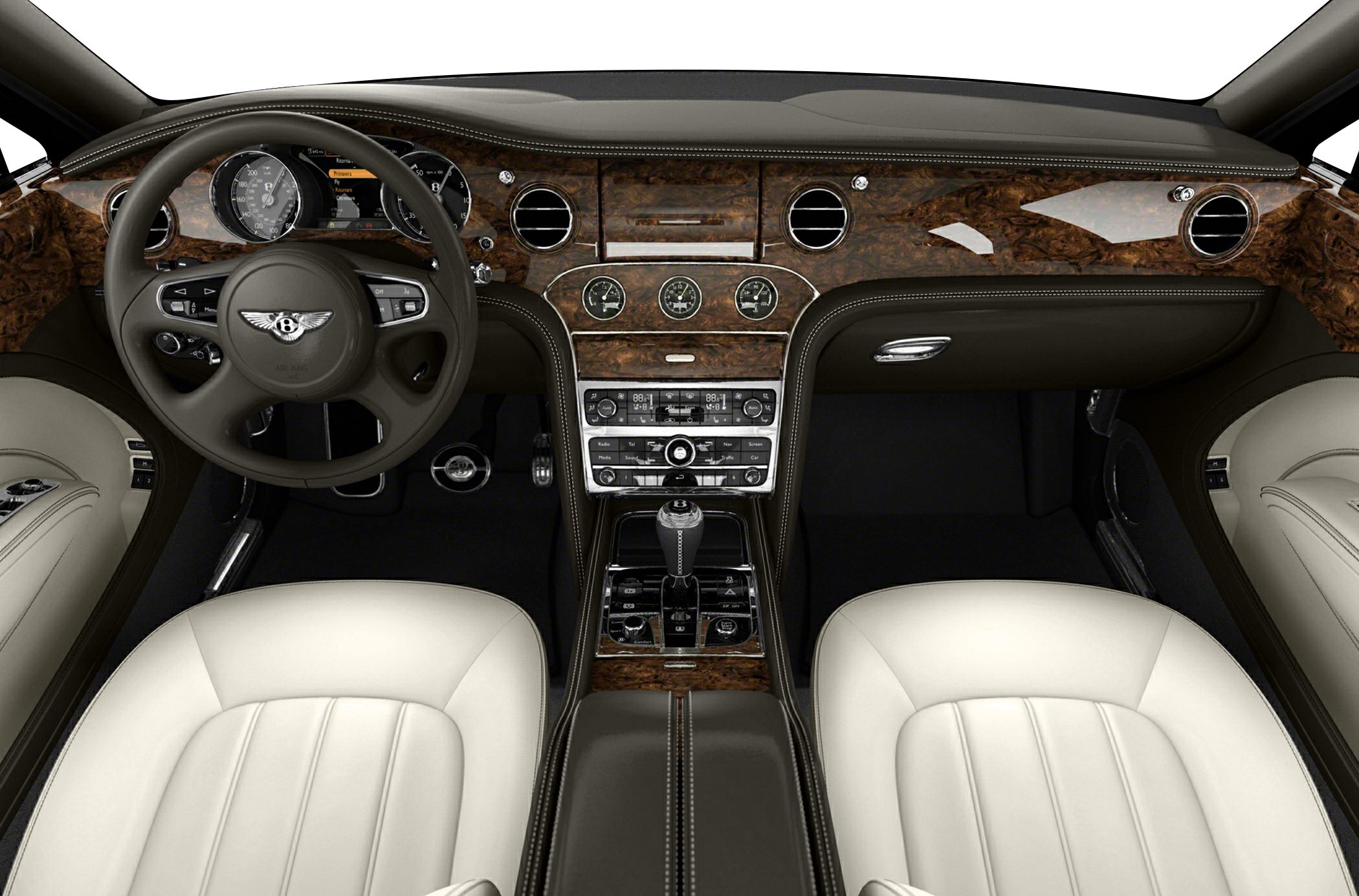 Wood-trimmed luxury dashboard with leather seats and instrument cluster