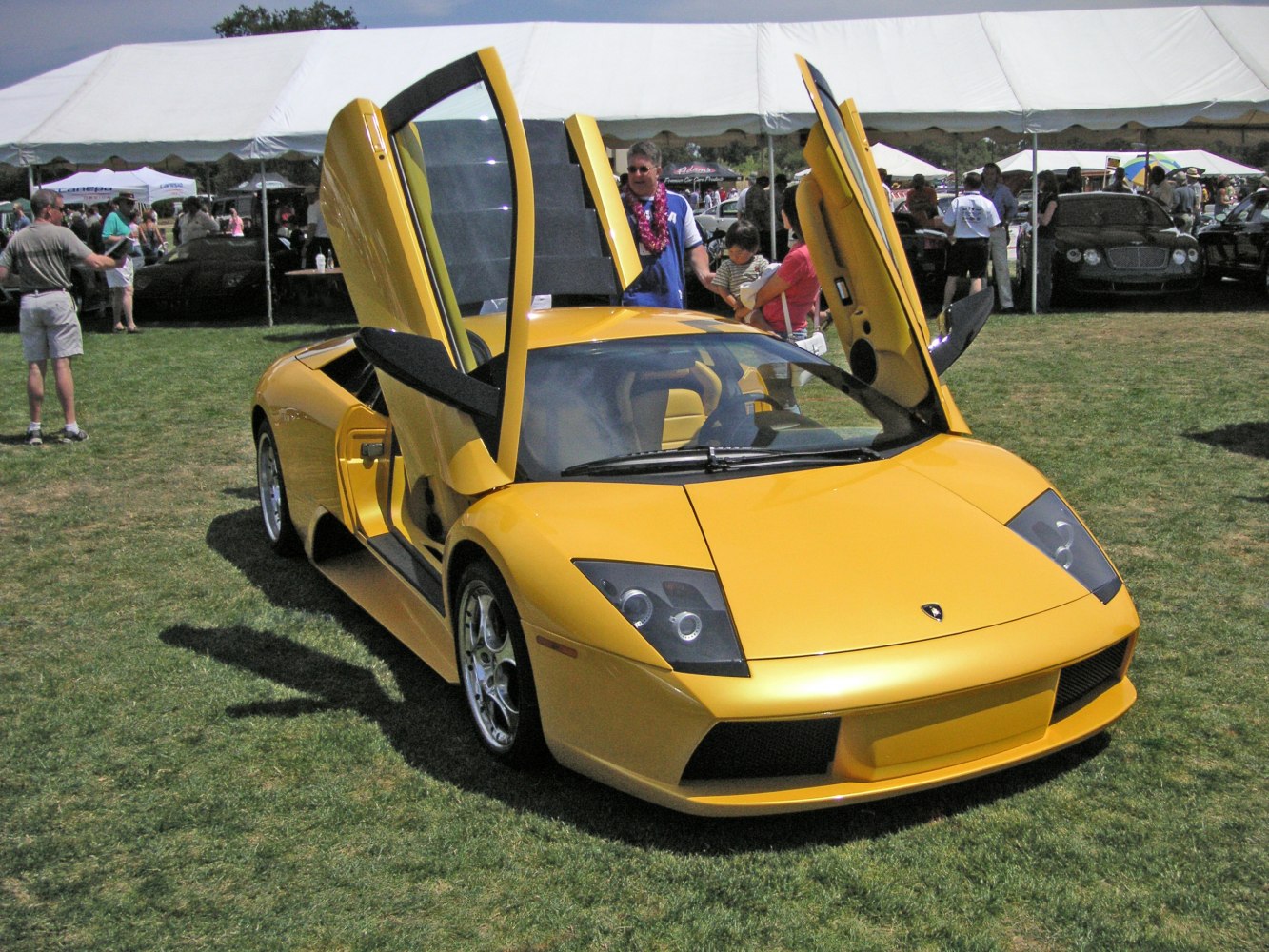Yellow Lamborghini with iconic scissor doors open