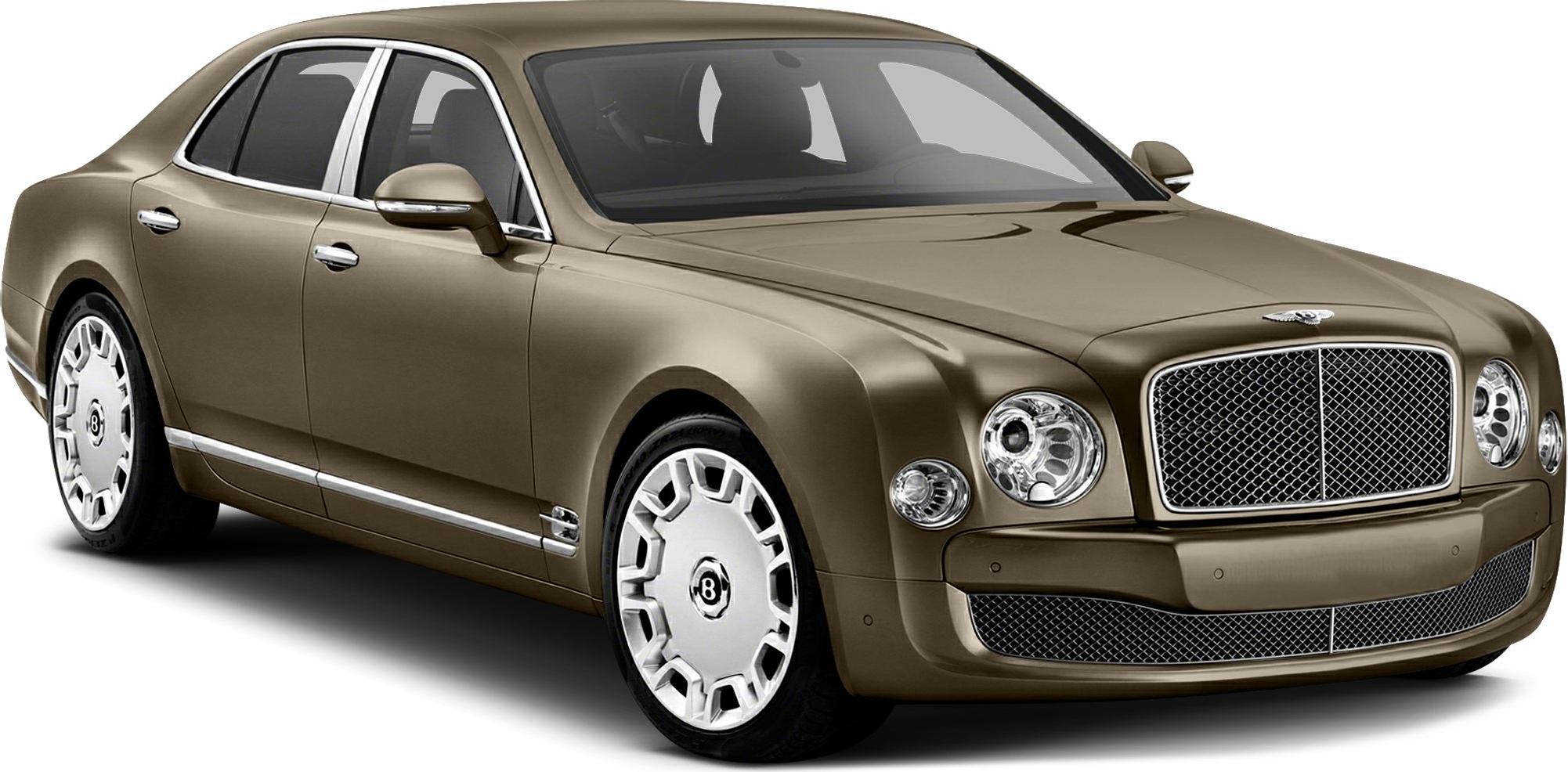 Front and side view of luxury sedan with round headlights and chrome mesh grille