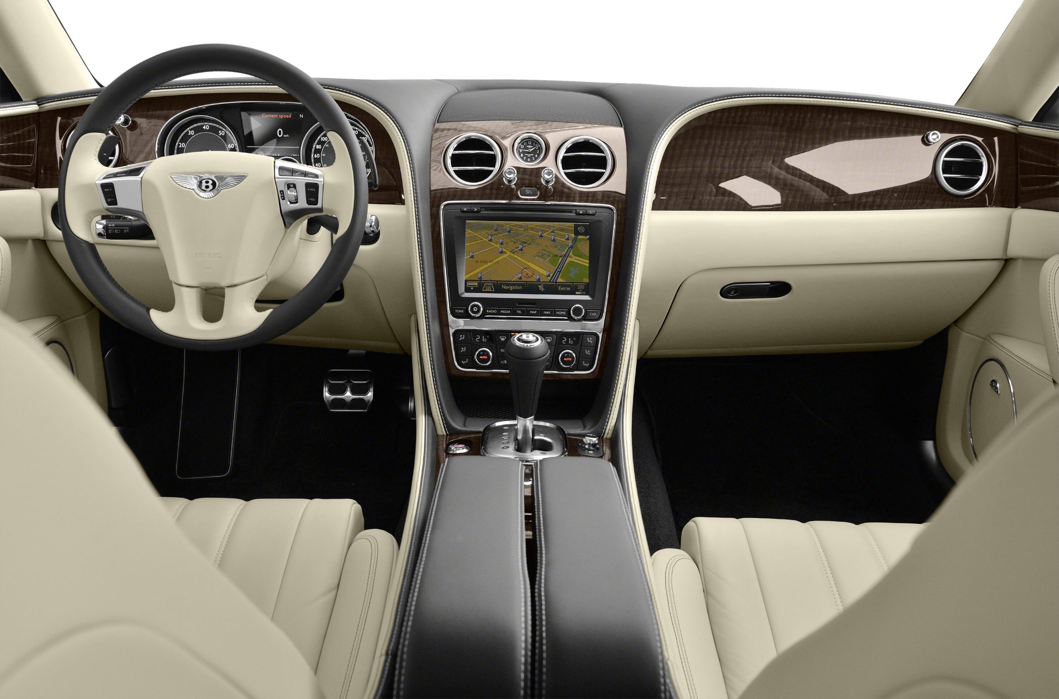 Luxury wood trim, beige leather seats, navigation system, and premium dashboard.