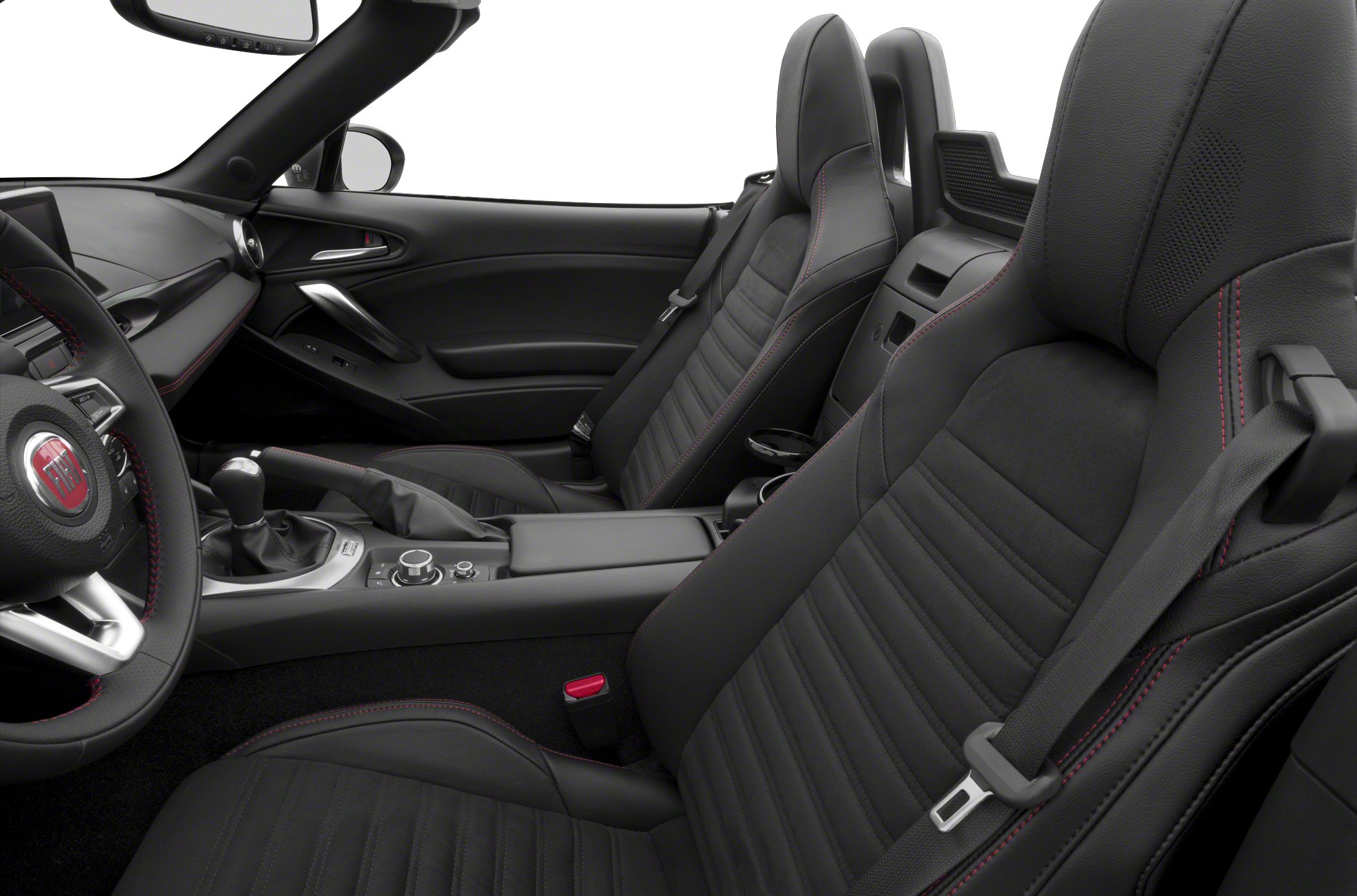Sporty black leather seats with red stitching in a convertible cockpit.