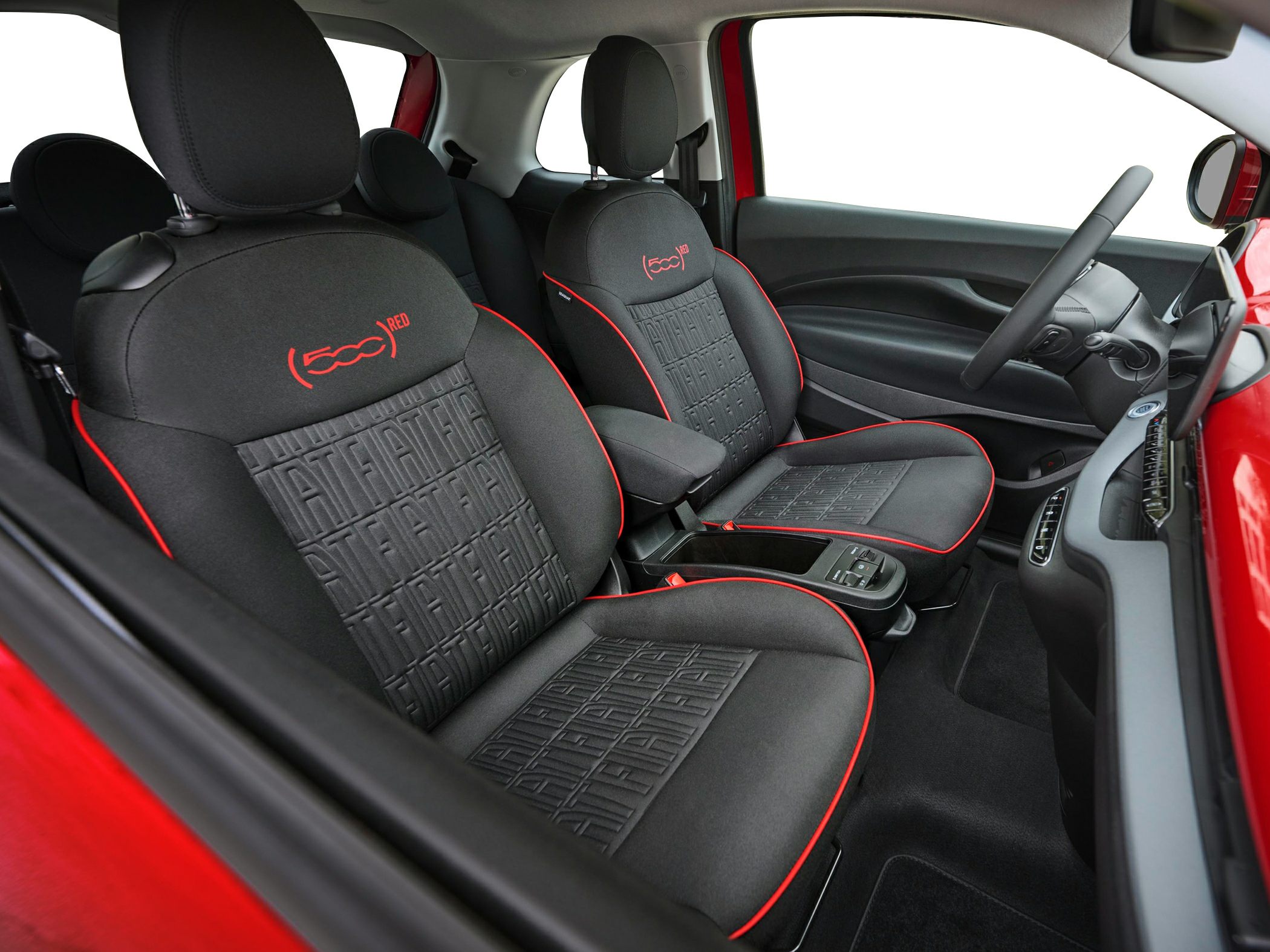 Black car seats with red piping and embossed Fiat logos