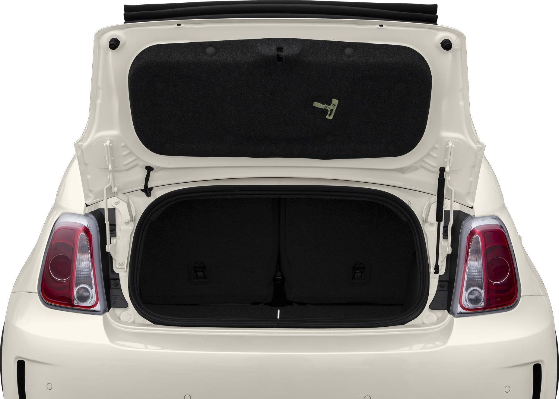 Rear view with open trunk and visible taillights of compact convertible hatchback