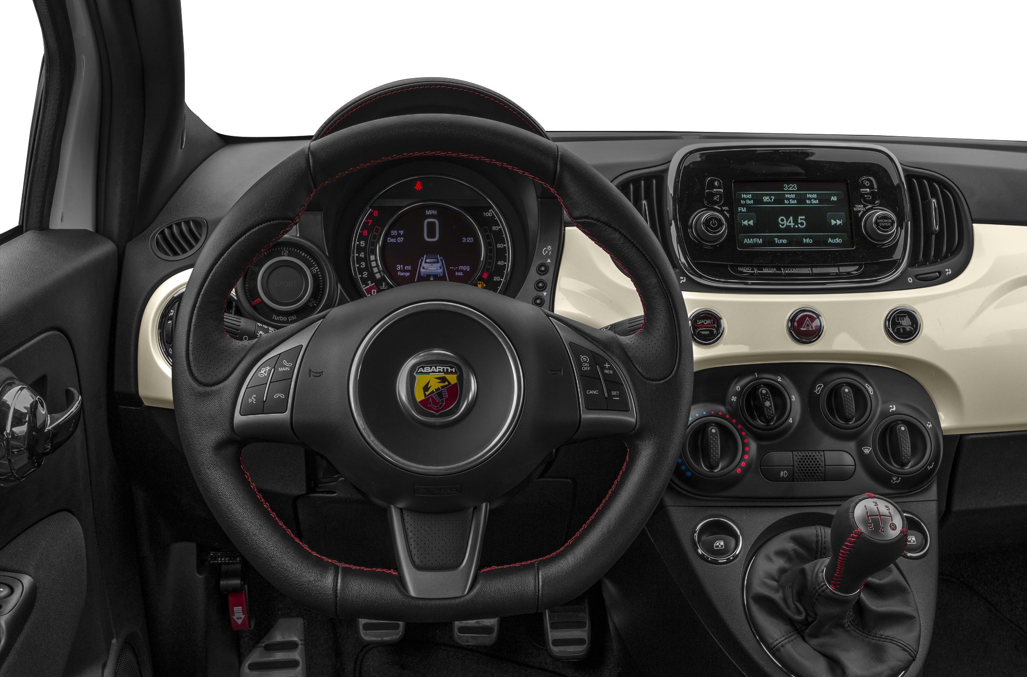 Sporty steering wheel and dashboard with manual gear shift