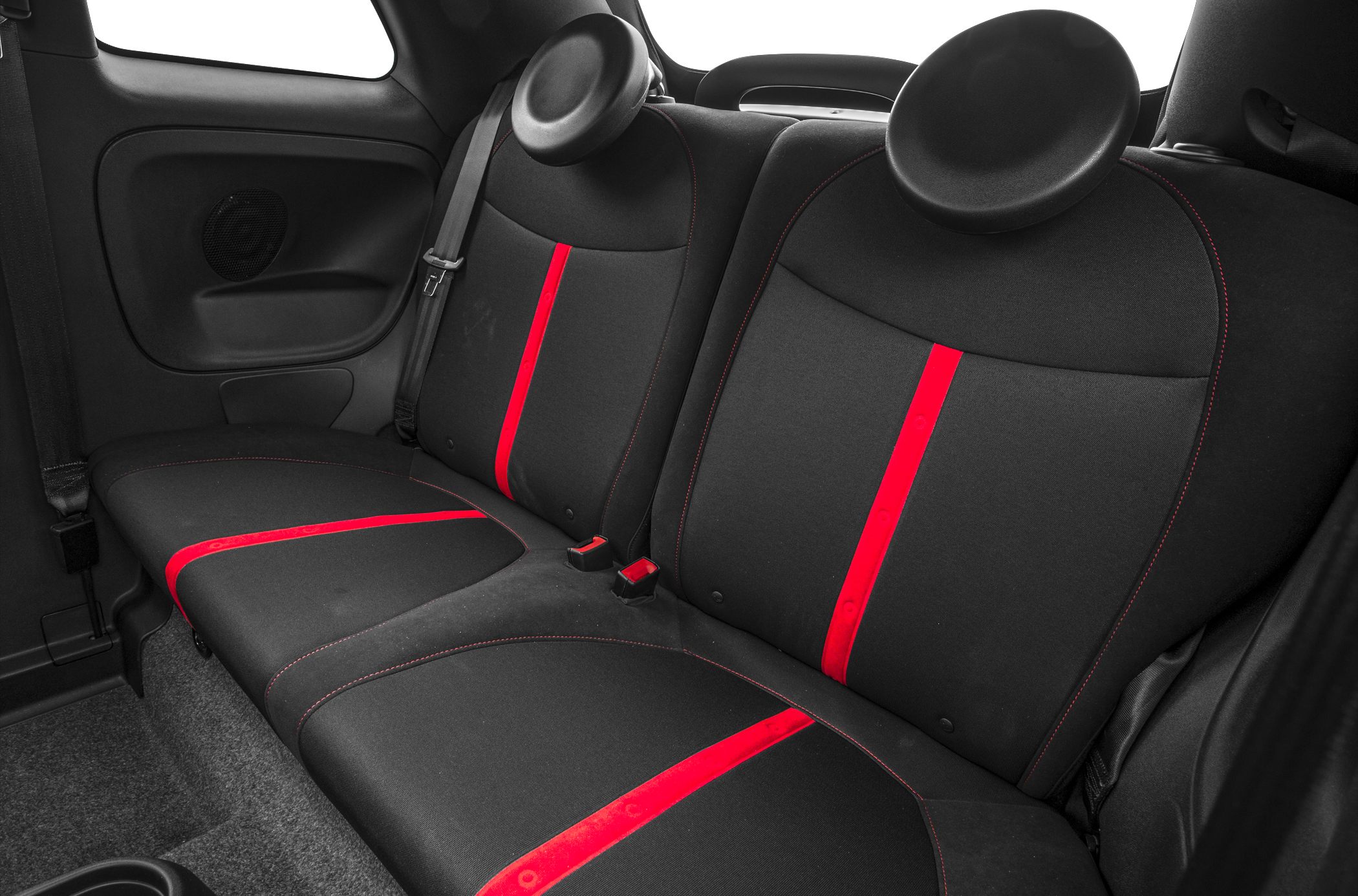 Rear seats with black upholstery and red stripe accents