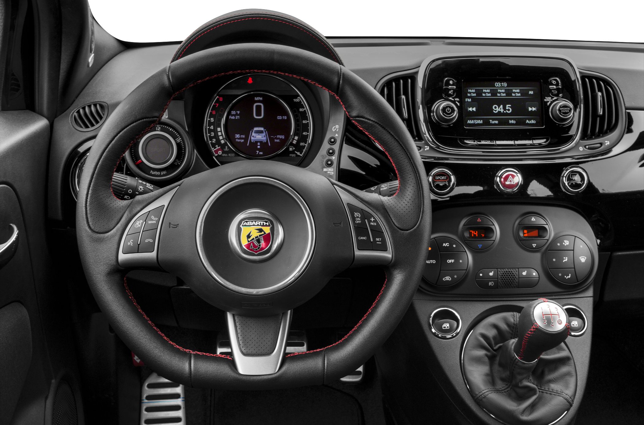 Sporty steering wheel, digital dashboard, manual gear shifter