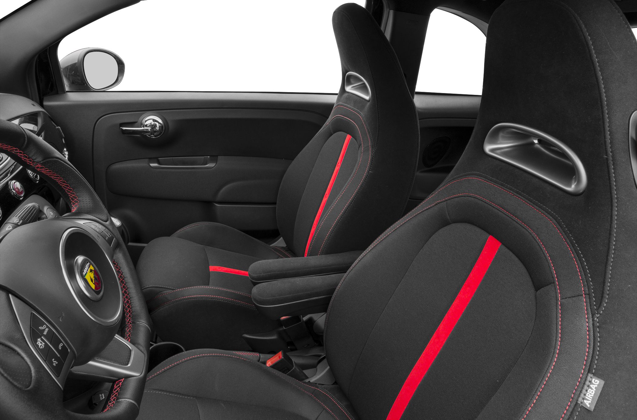 Sporty black front seats with red stripe and detailed stitching.