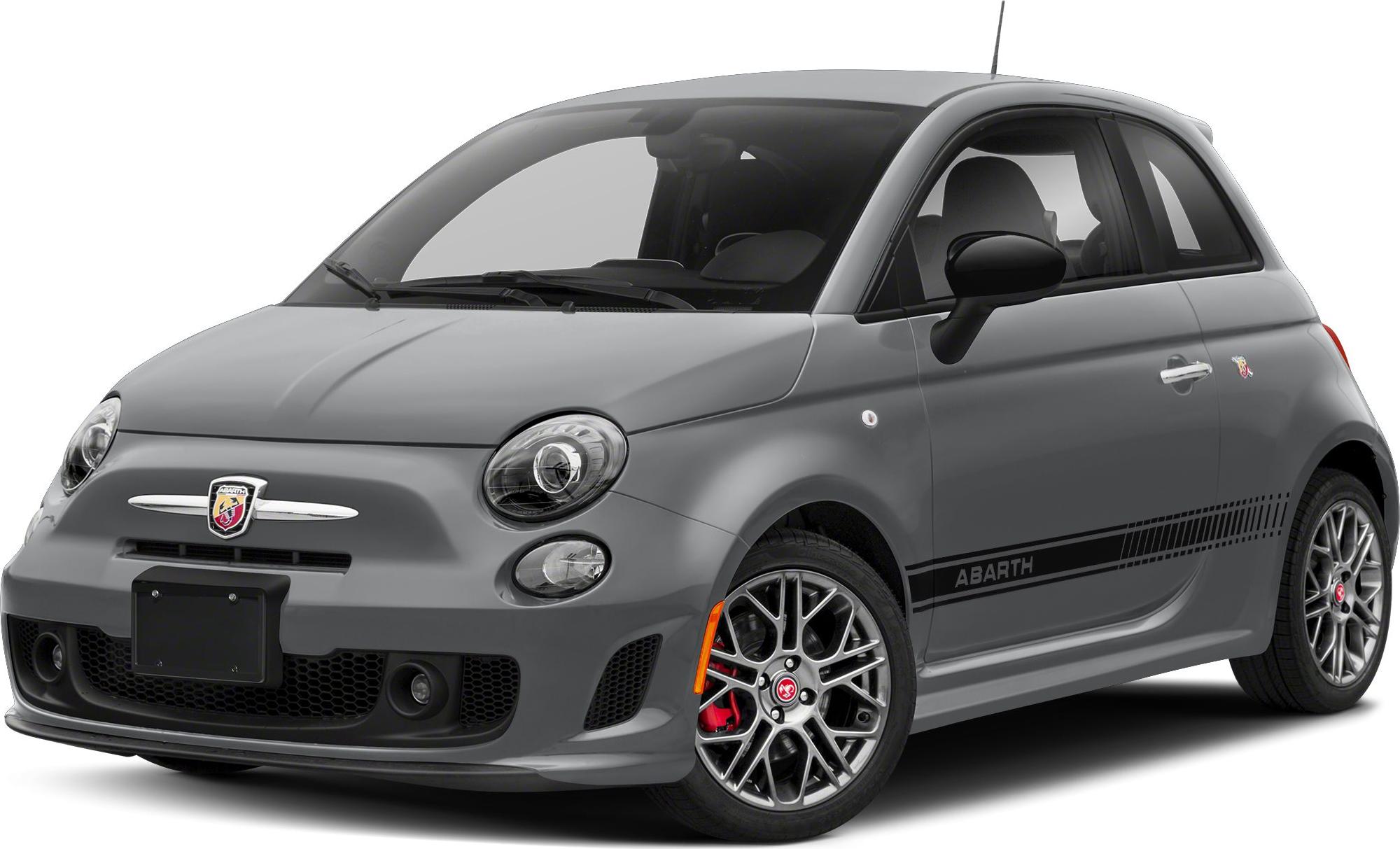 Gray sporty compact hatchback with distinctive alloy wheels and Abarth decals