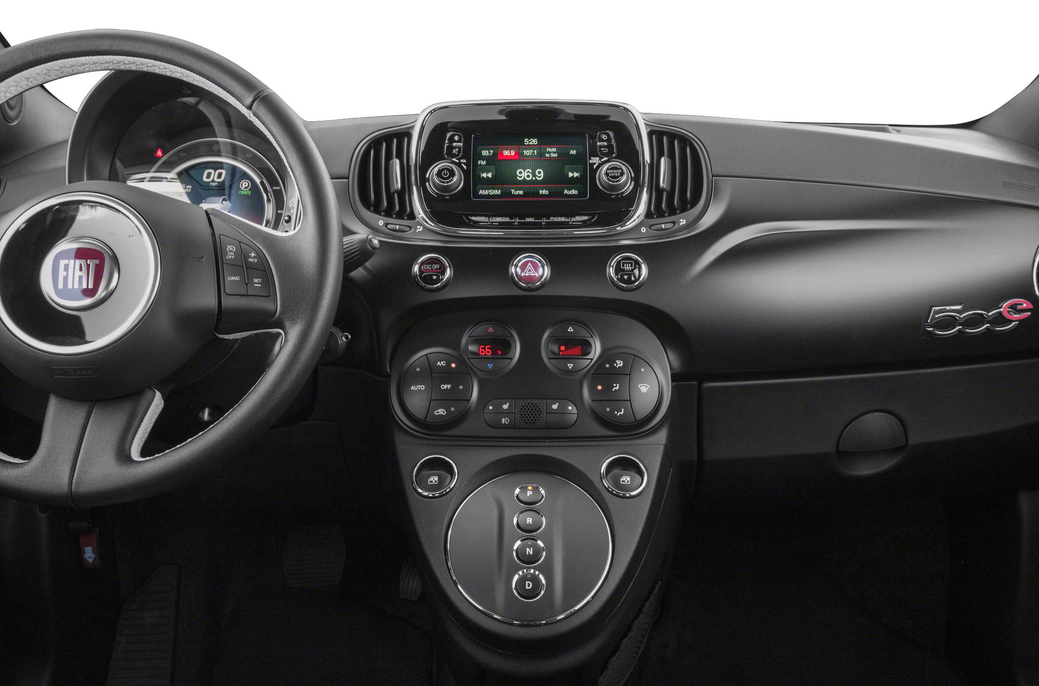 Dashboard with digital cluster, infotainment screen, climate controls, and electronic gear selector.