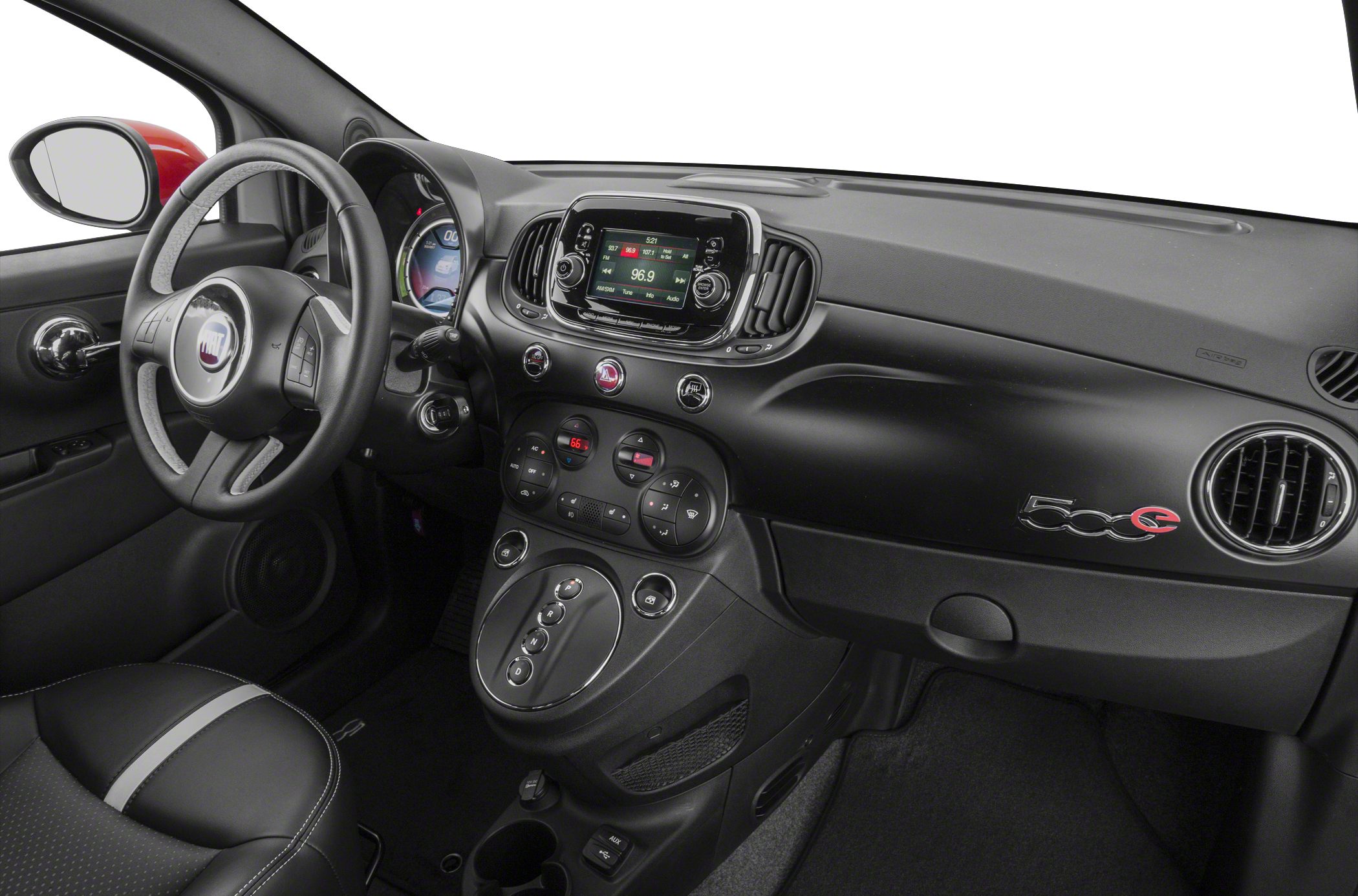 Dashboard and center console controls with steering wheel of electric vehicle