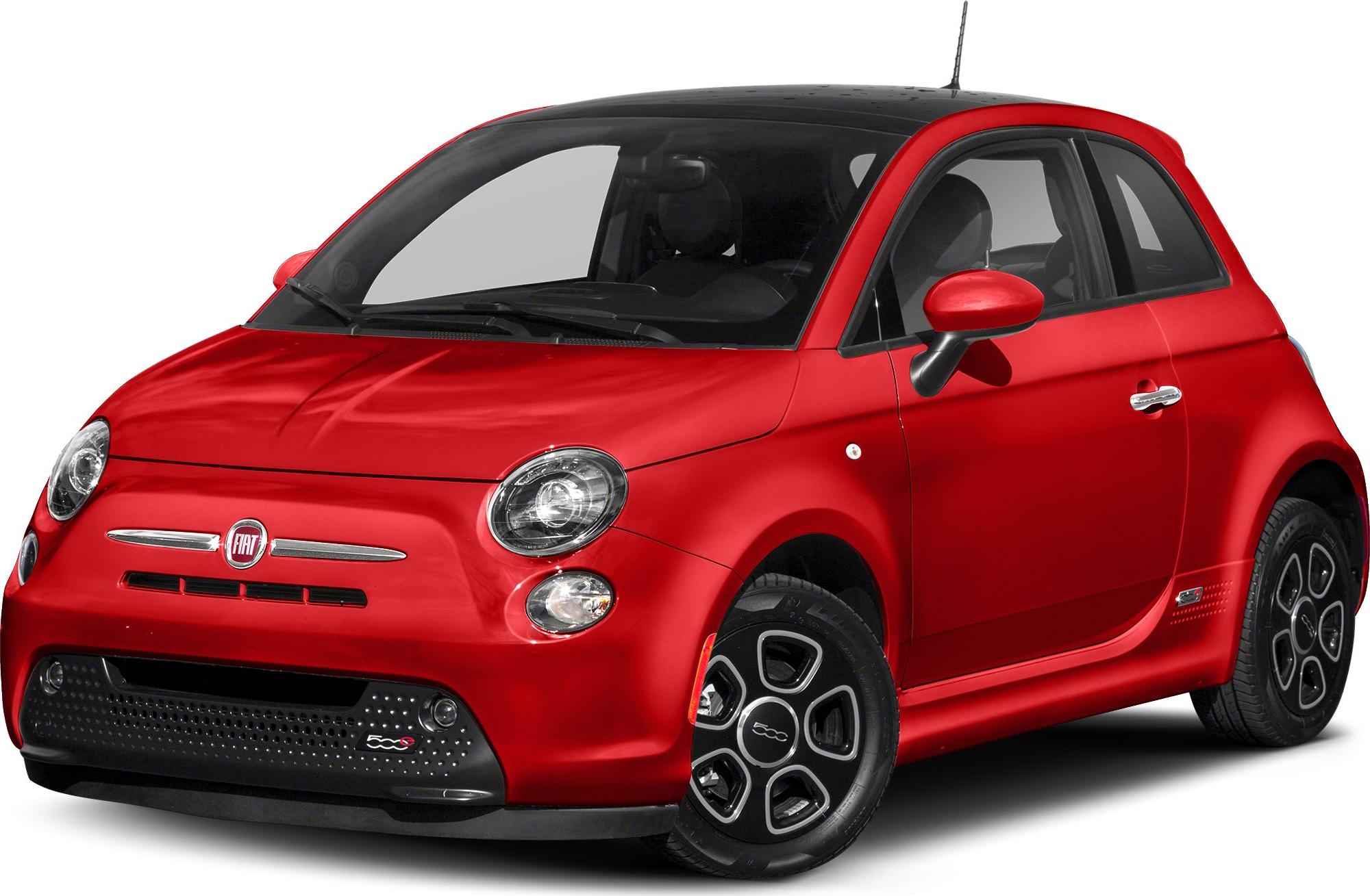 Red electric subcompact car with distinctive round headlights and black perforated front bumper.
