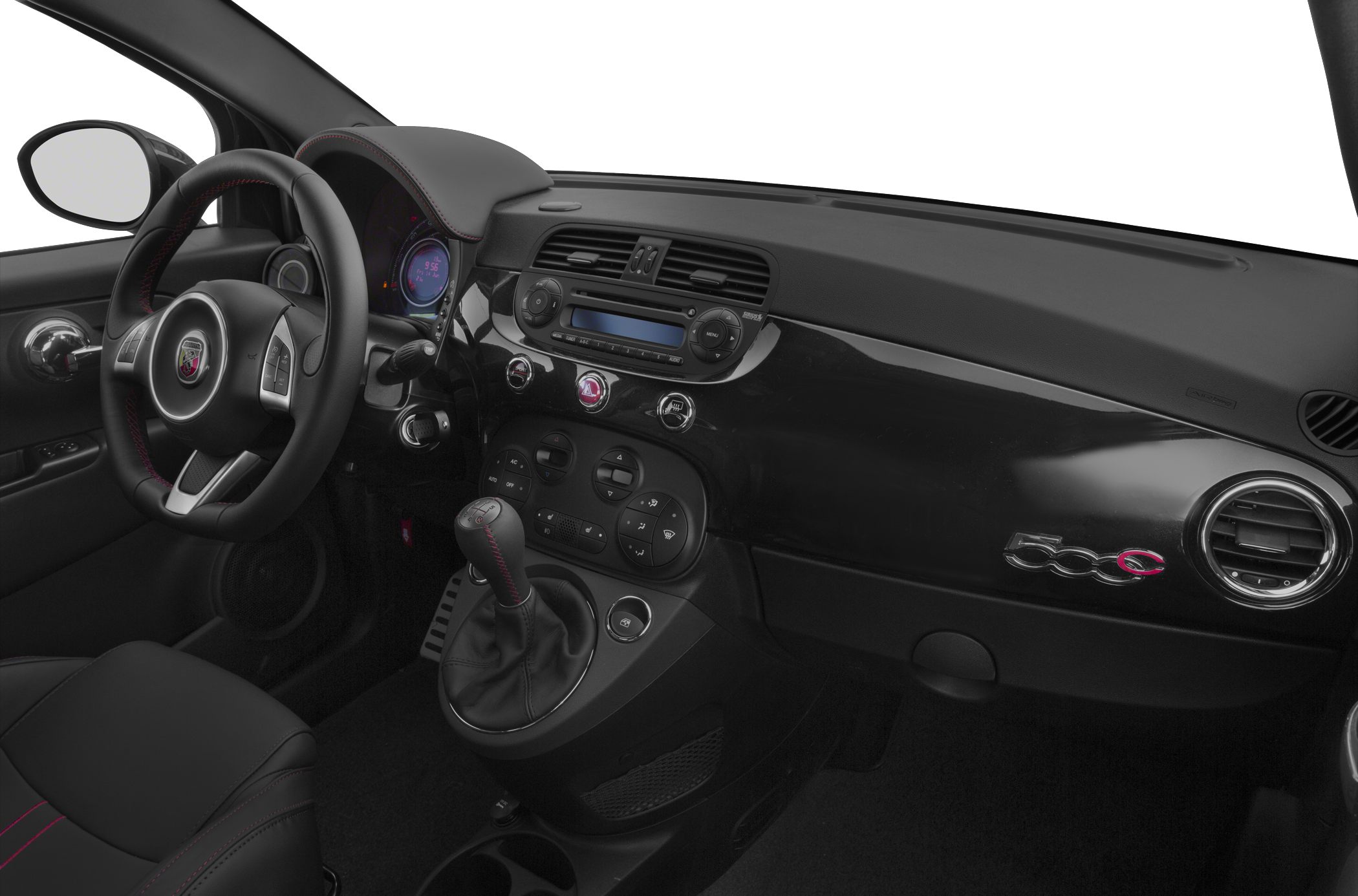 Black dashboard and steering wheel with manual gearshift