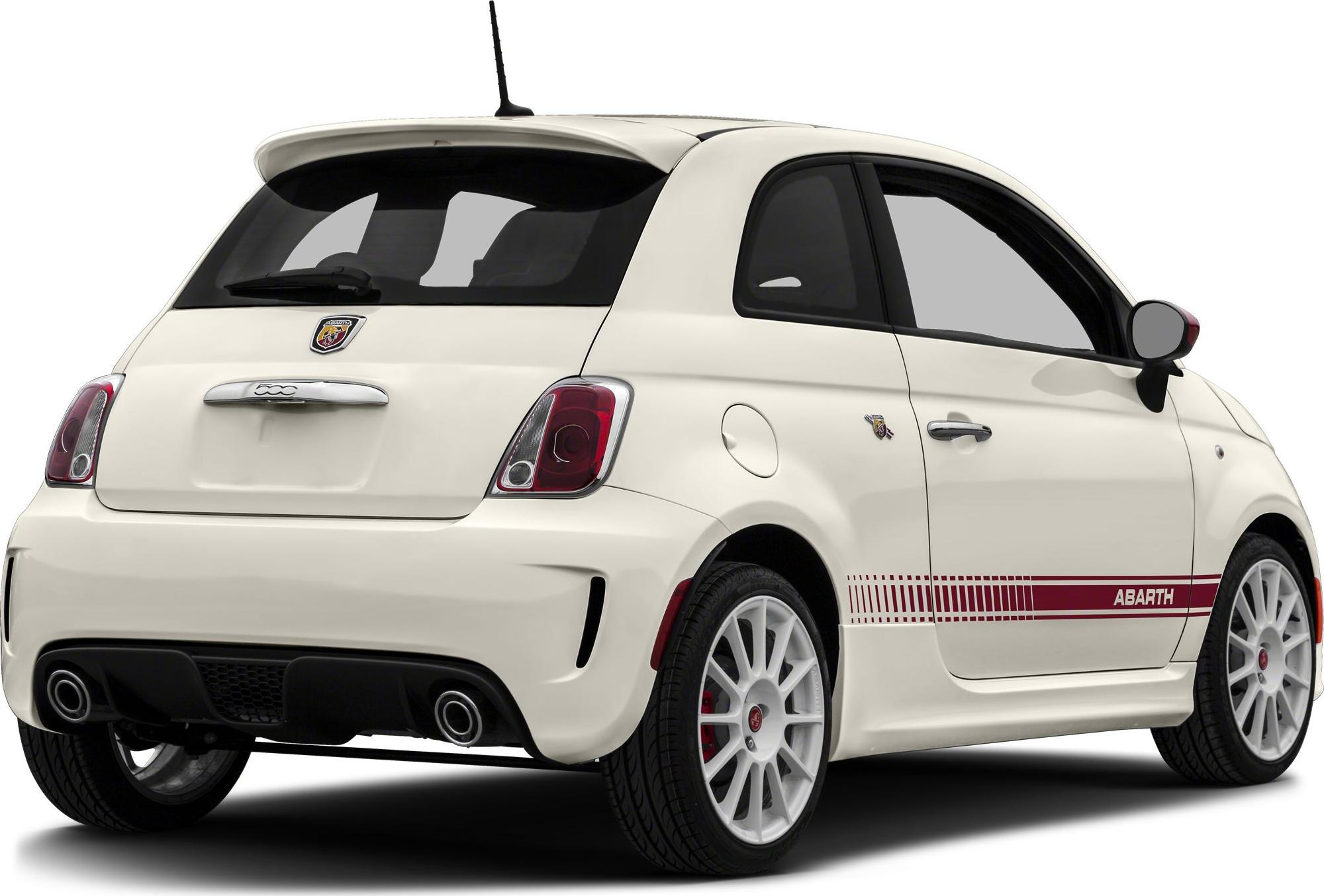Rear side view of sporty hatchback with dual exhaust and white wheels