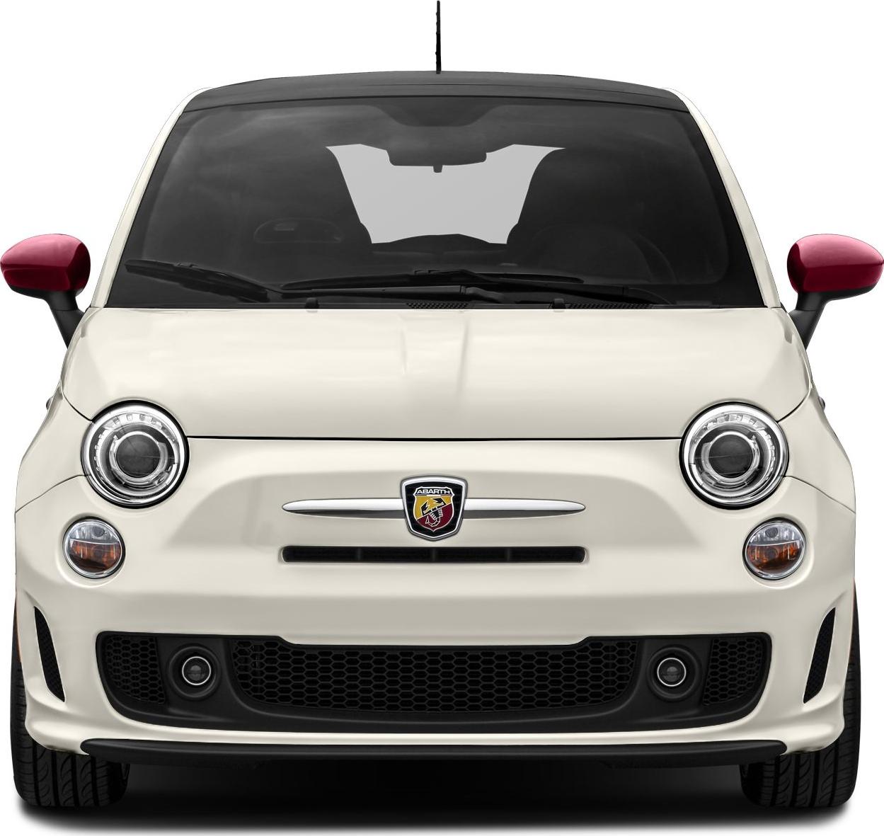 Round LED headlights and red side mirrors on compact car front