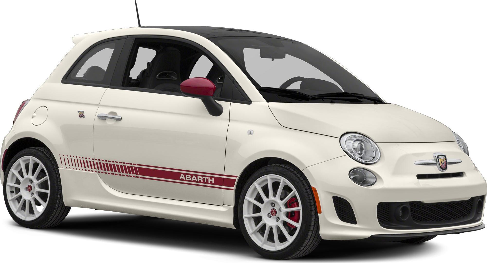 White sporty compact hatchback with racing stripes and distinctive red accents.