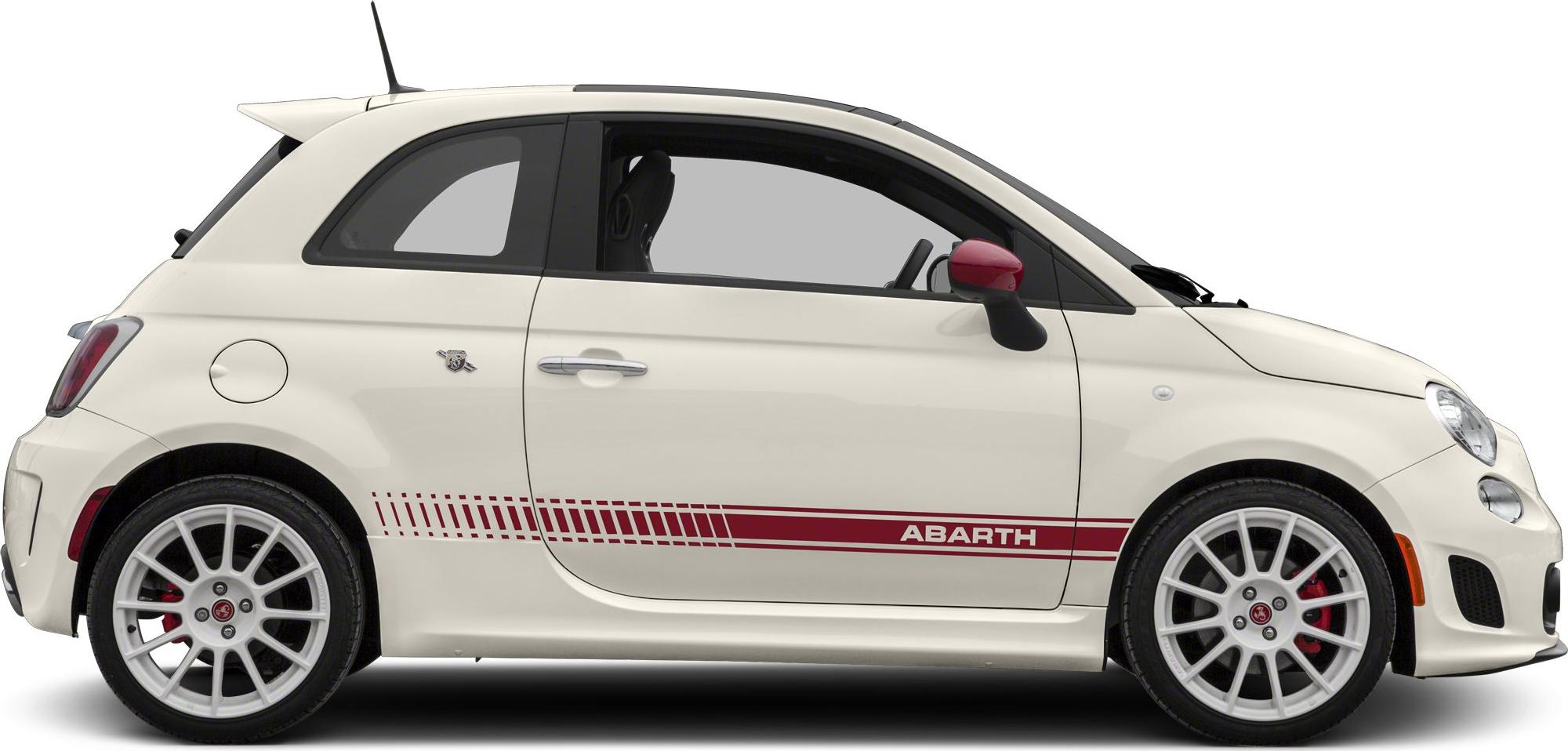 Side profile of small hatchback with sporty decals and white wheels
