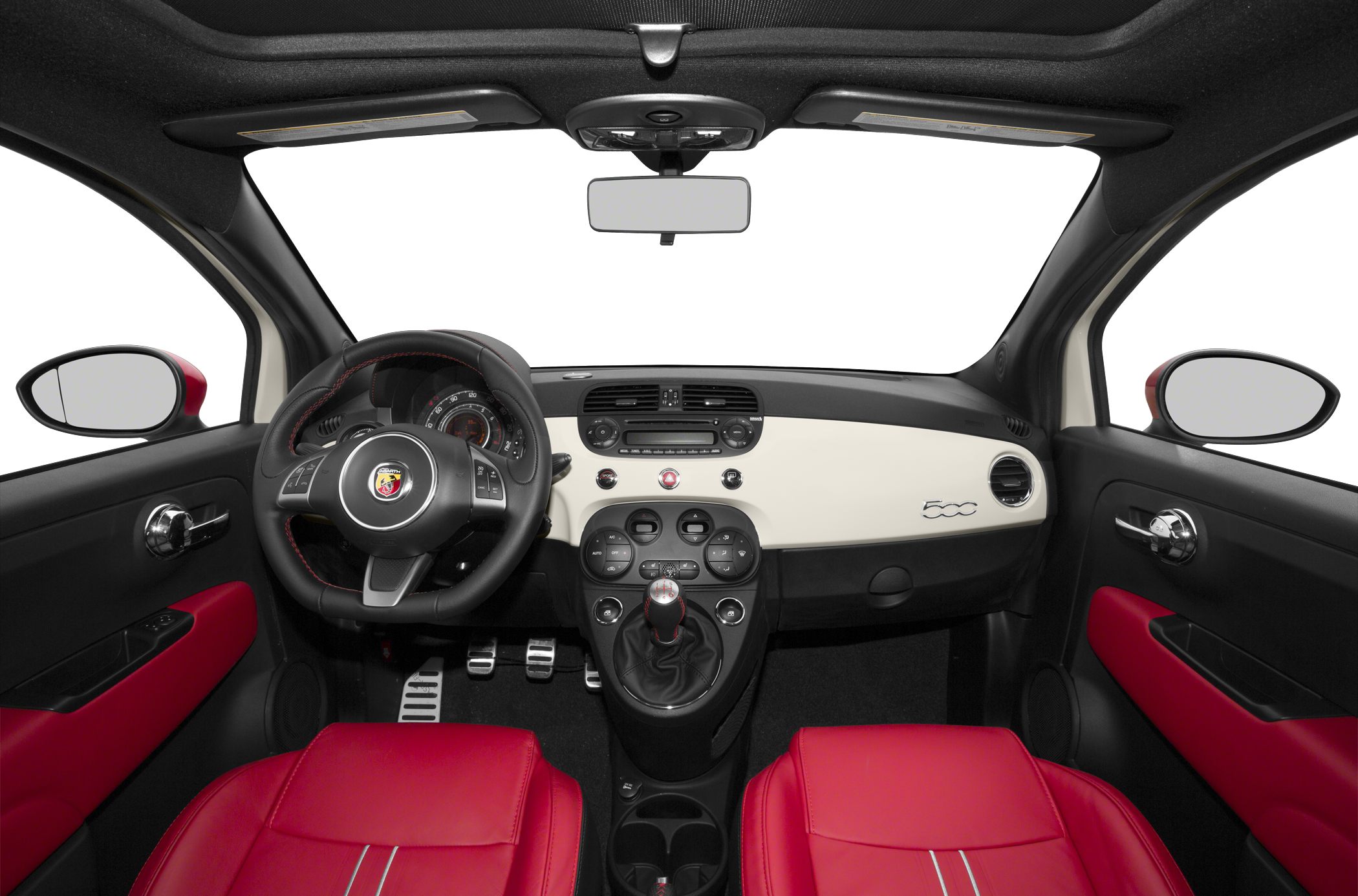 Red leather seats and modern dashboard with manual gear shift