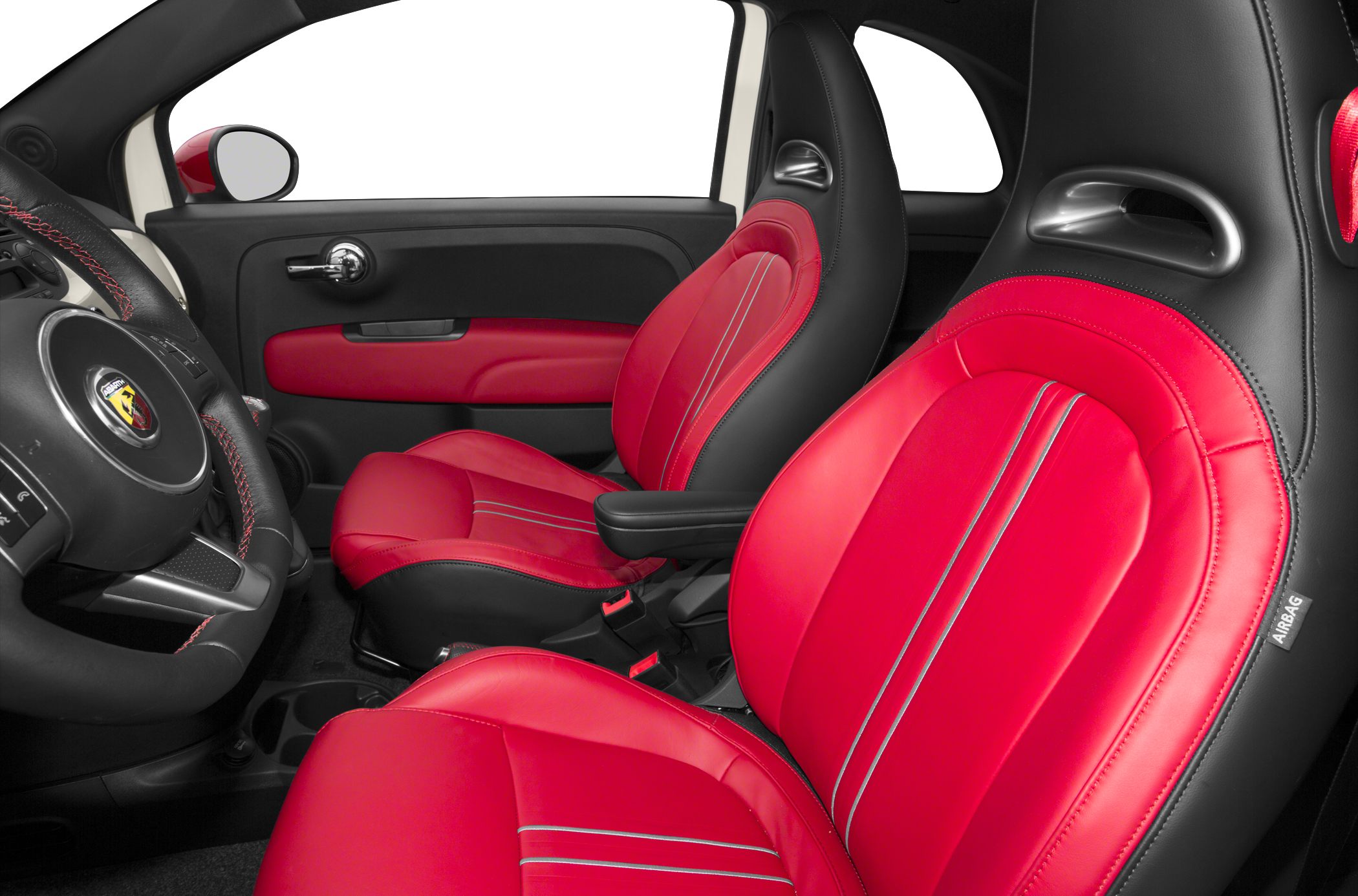 Red leather sports seats with detailed stitching and ergonomic design