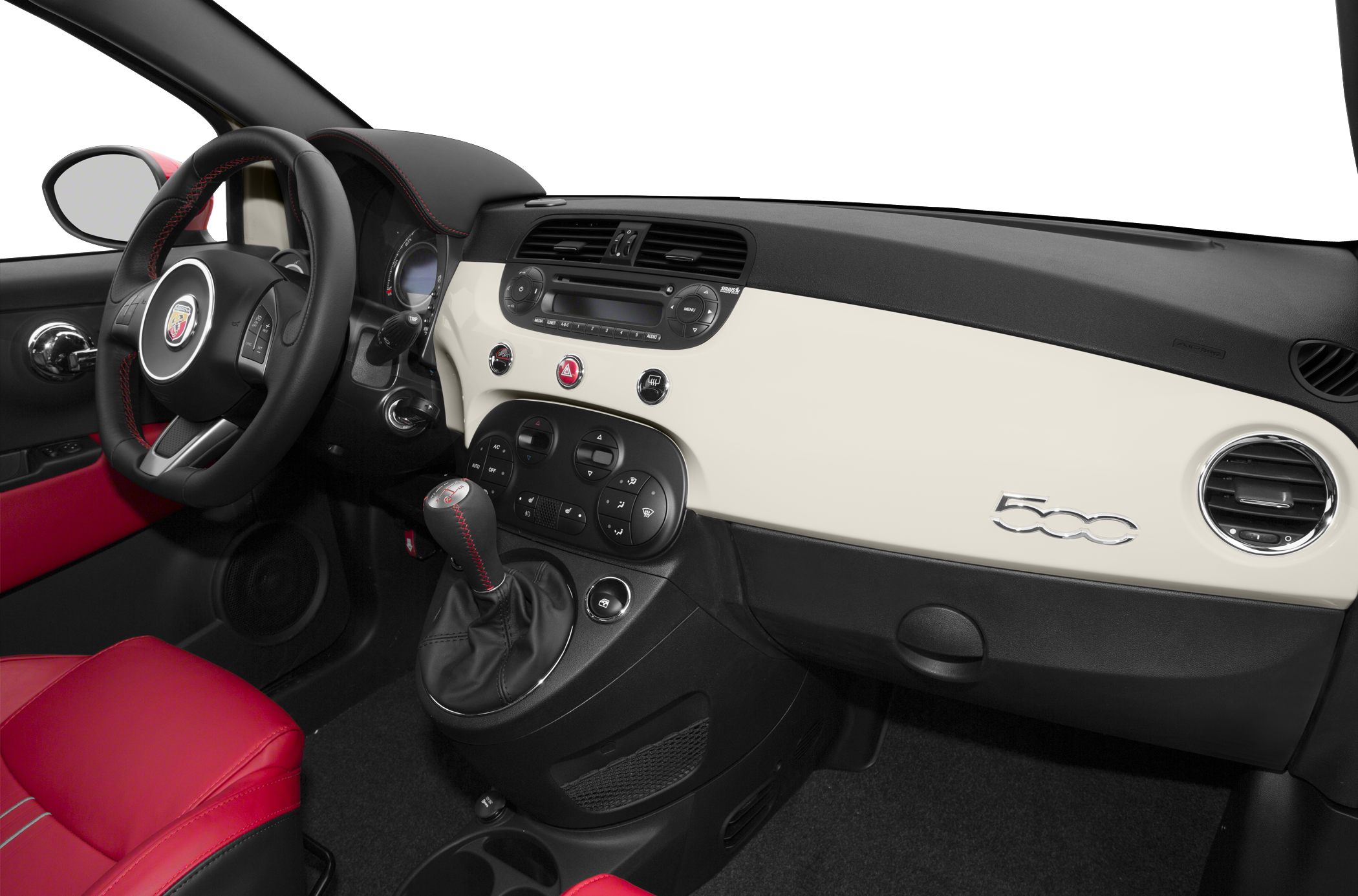Compact dashboard and red leather seats with manual gearshift