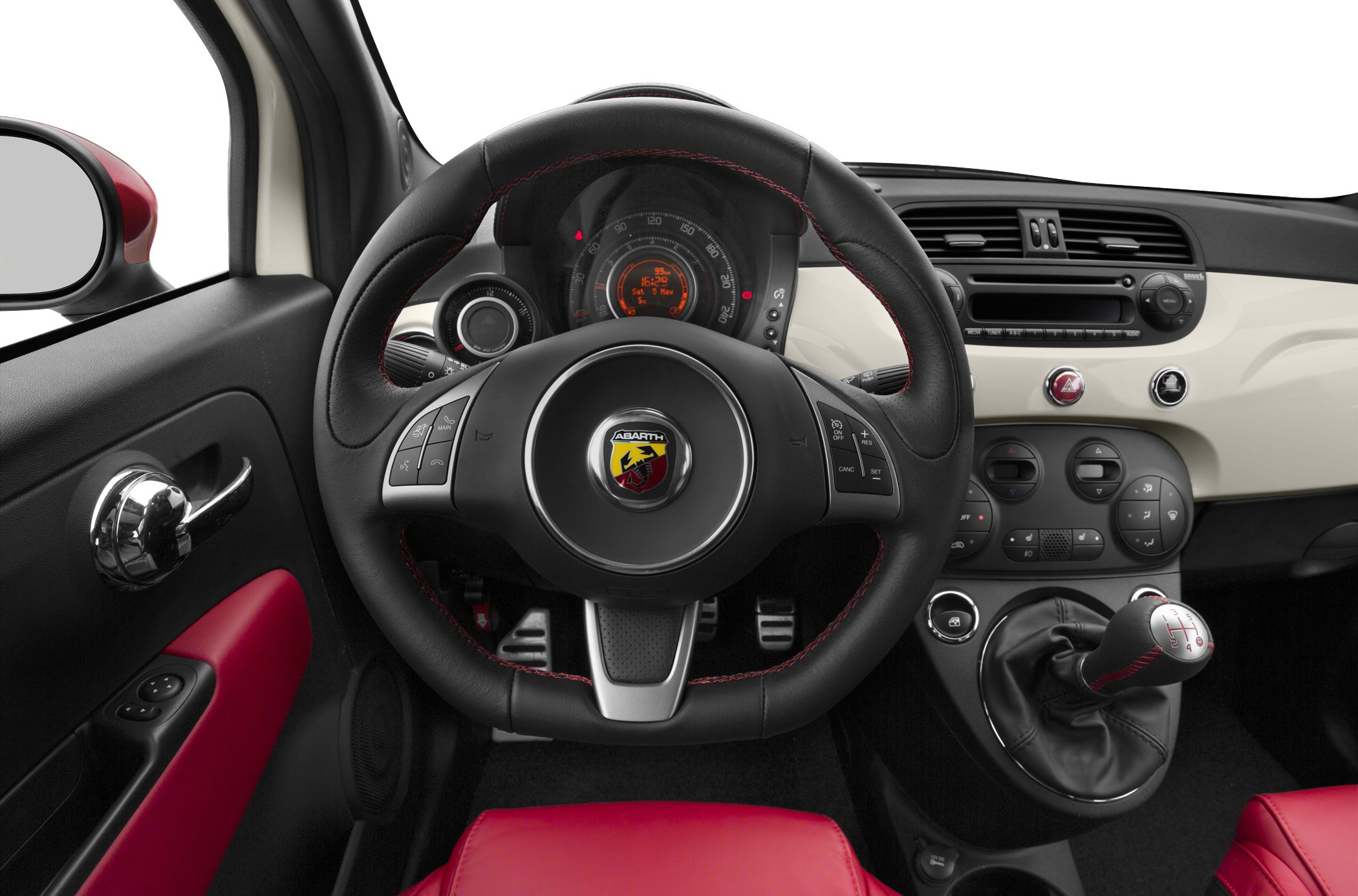 Manual transmission and multifunction steering wheel with red stitched accents