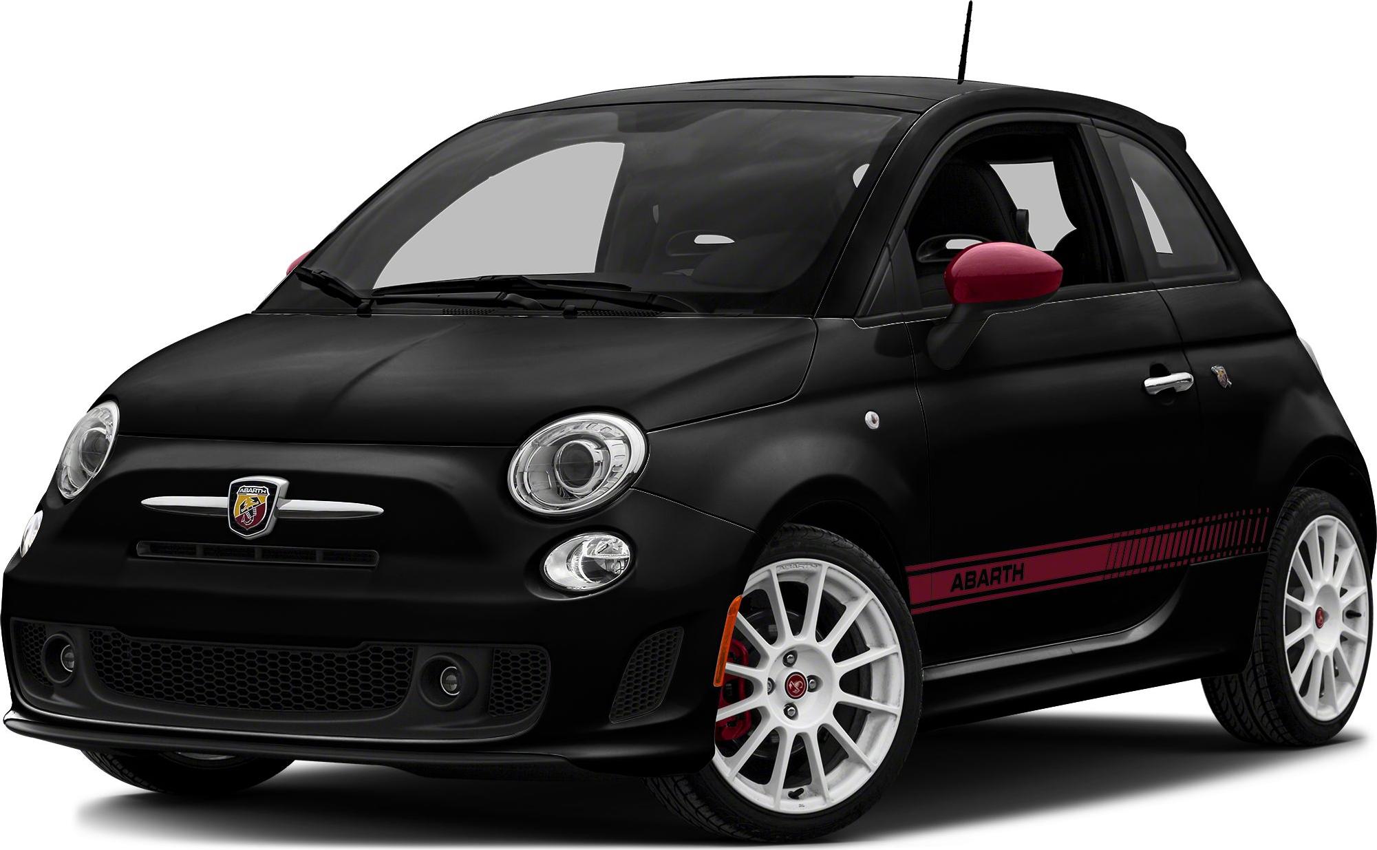 Matte black compact hatchback with red accents and white sport wheels