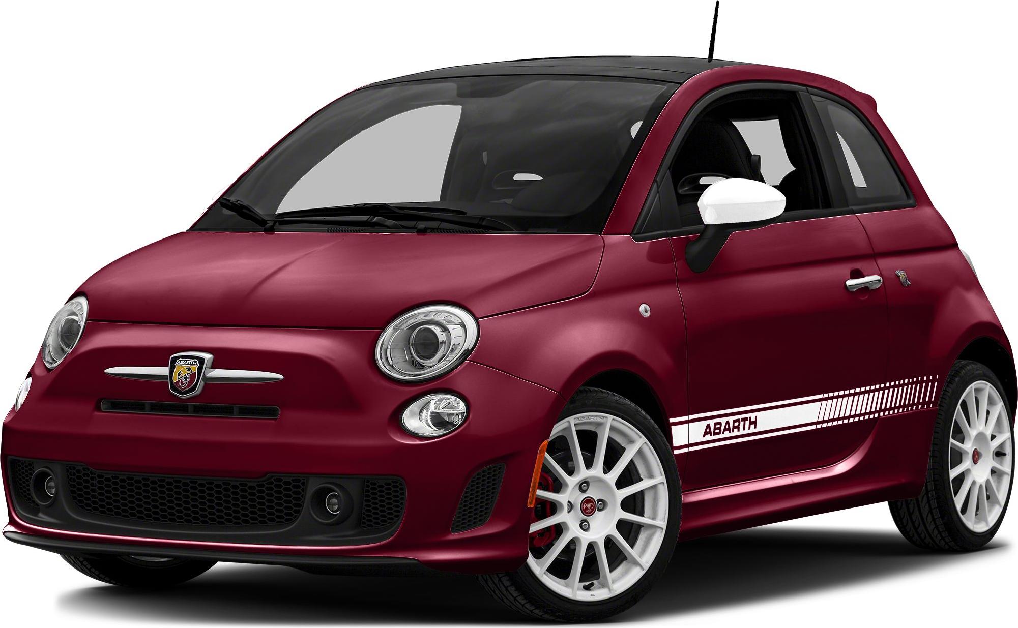 Red compact hatchback with white sporty wheels and Abarth side decals