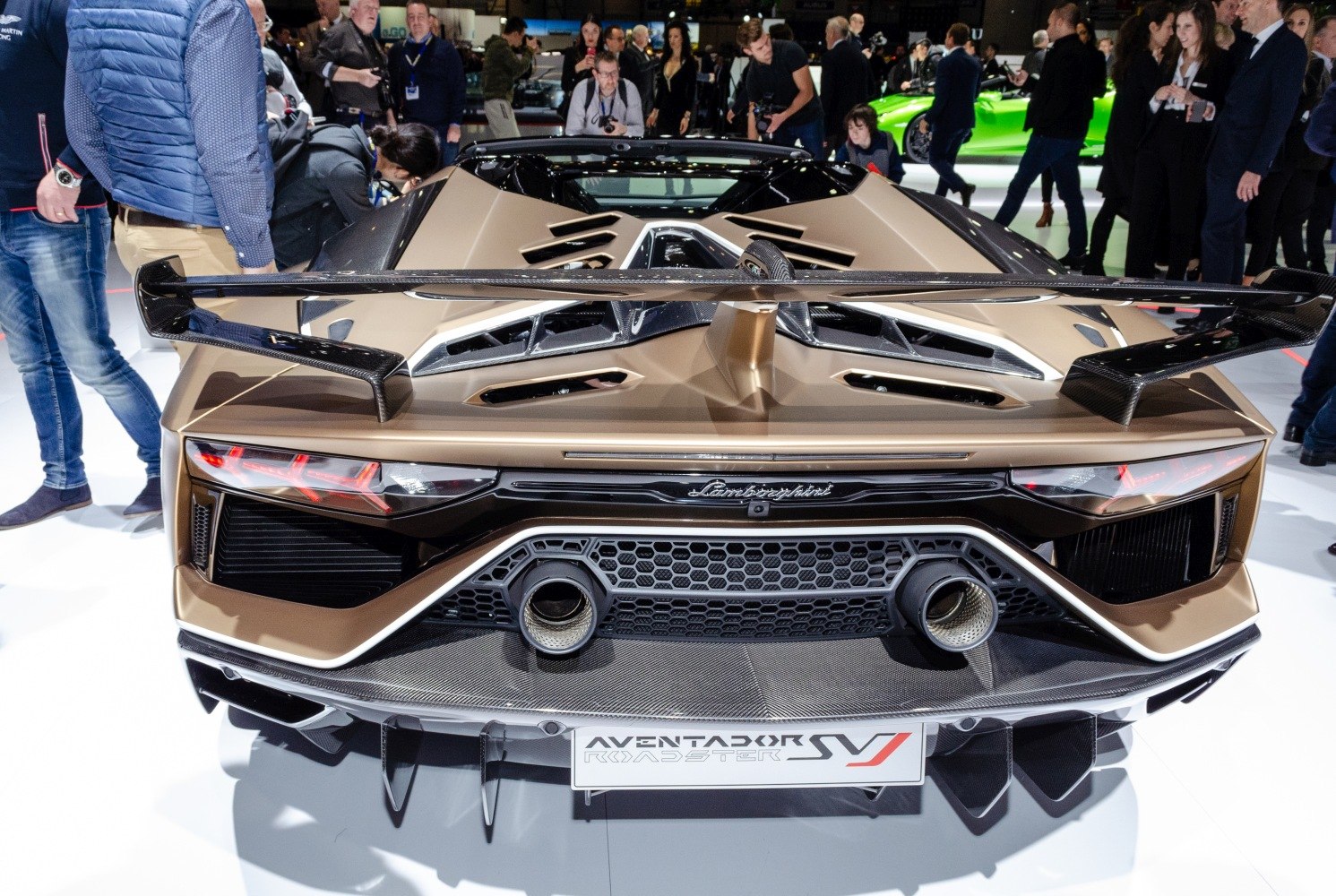 Lamborghini supercar rear with dual exhaust and large rear wing