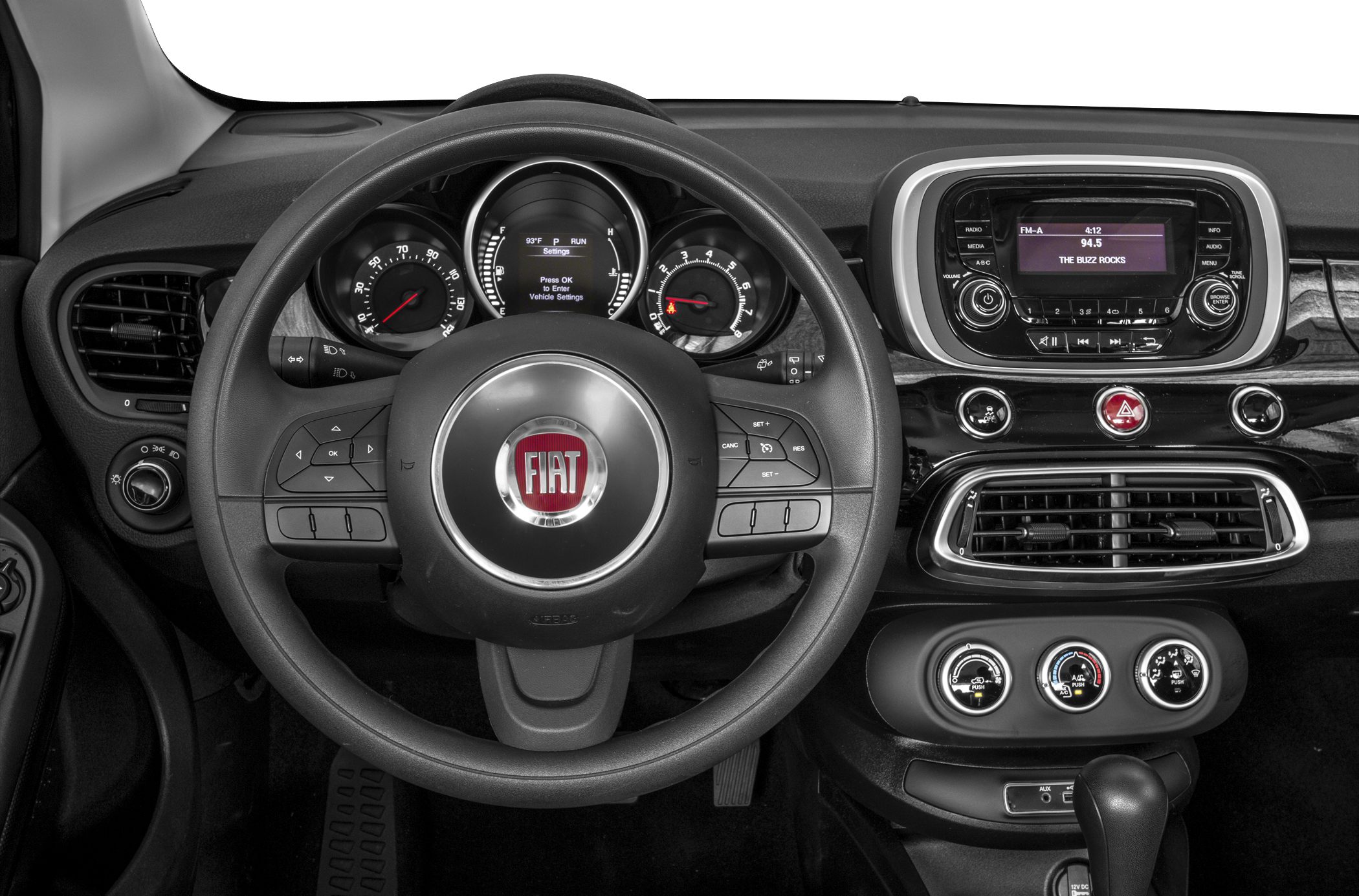 Dashboard and steering wheel with instrument cluster and infotainment display