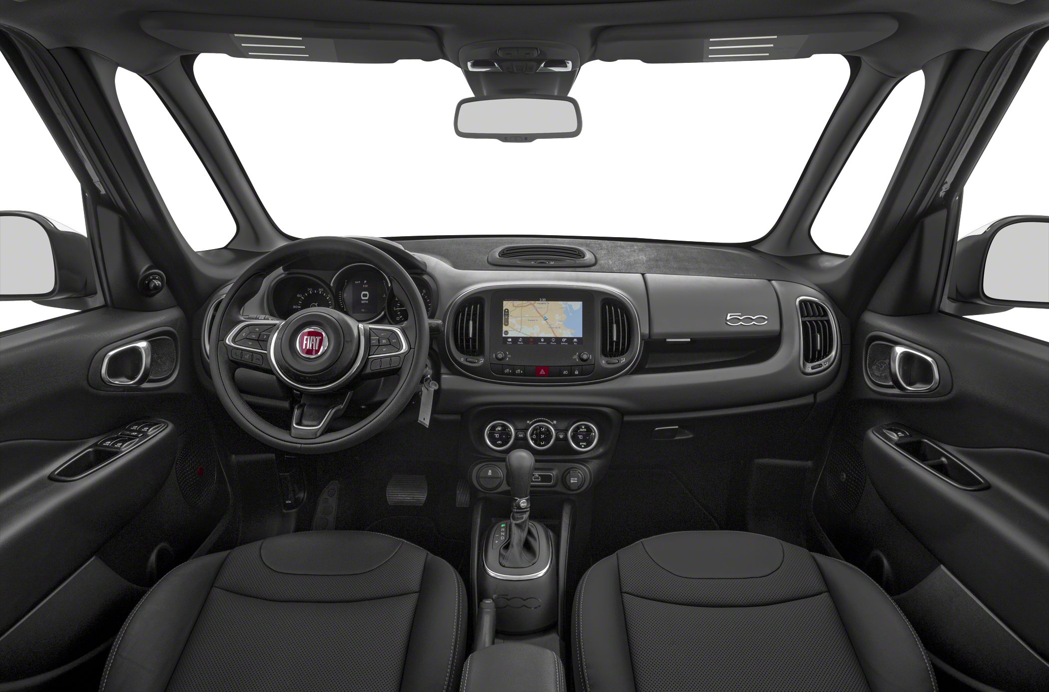Modern car interior with dashboard, steering wheel, and infotainment screen