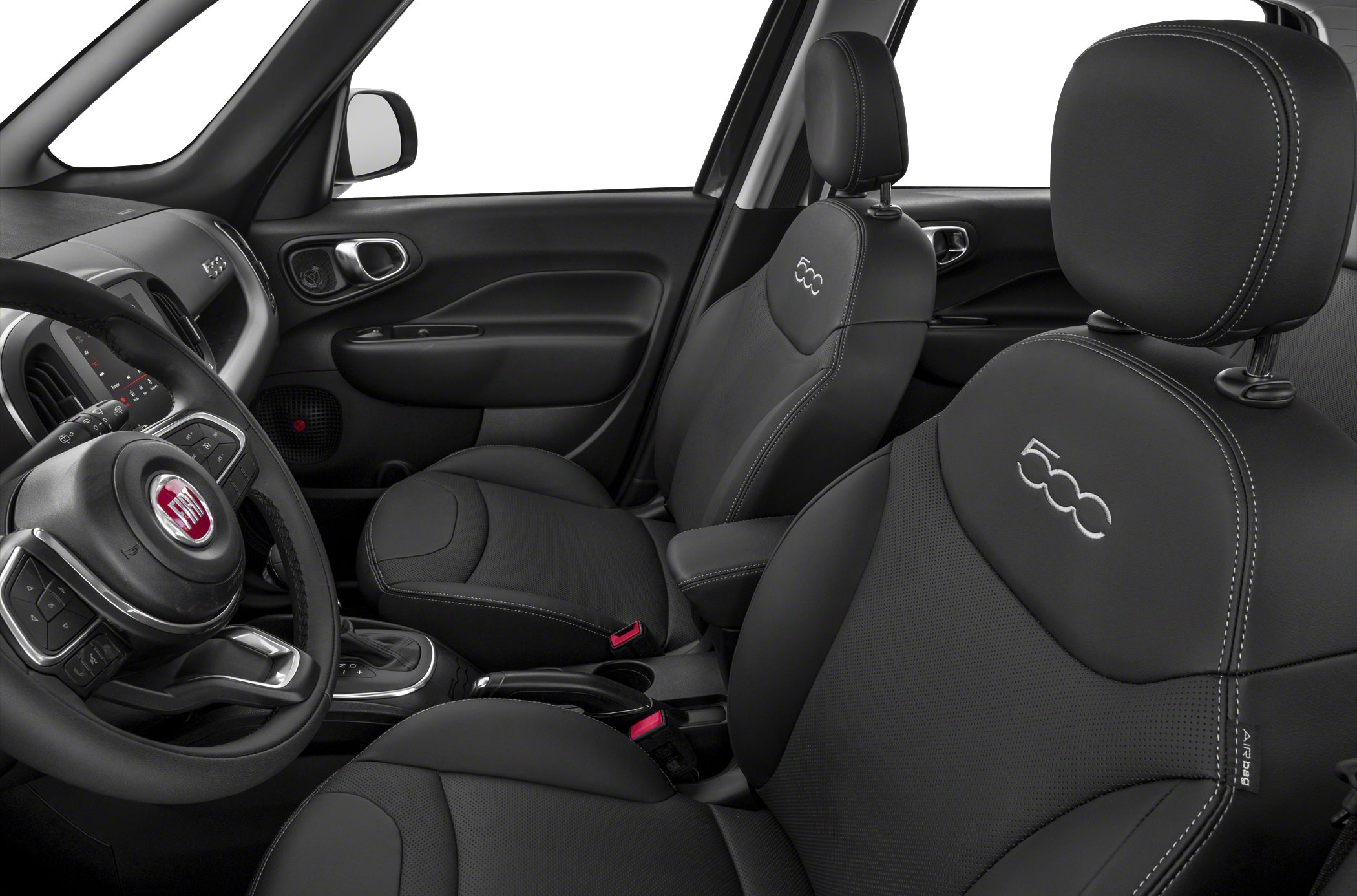 Black stitched seats and modern steering wheel with 500 logo