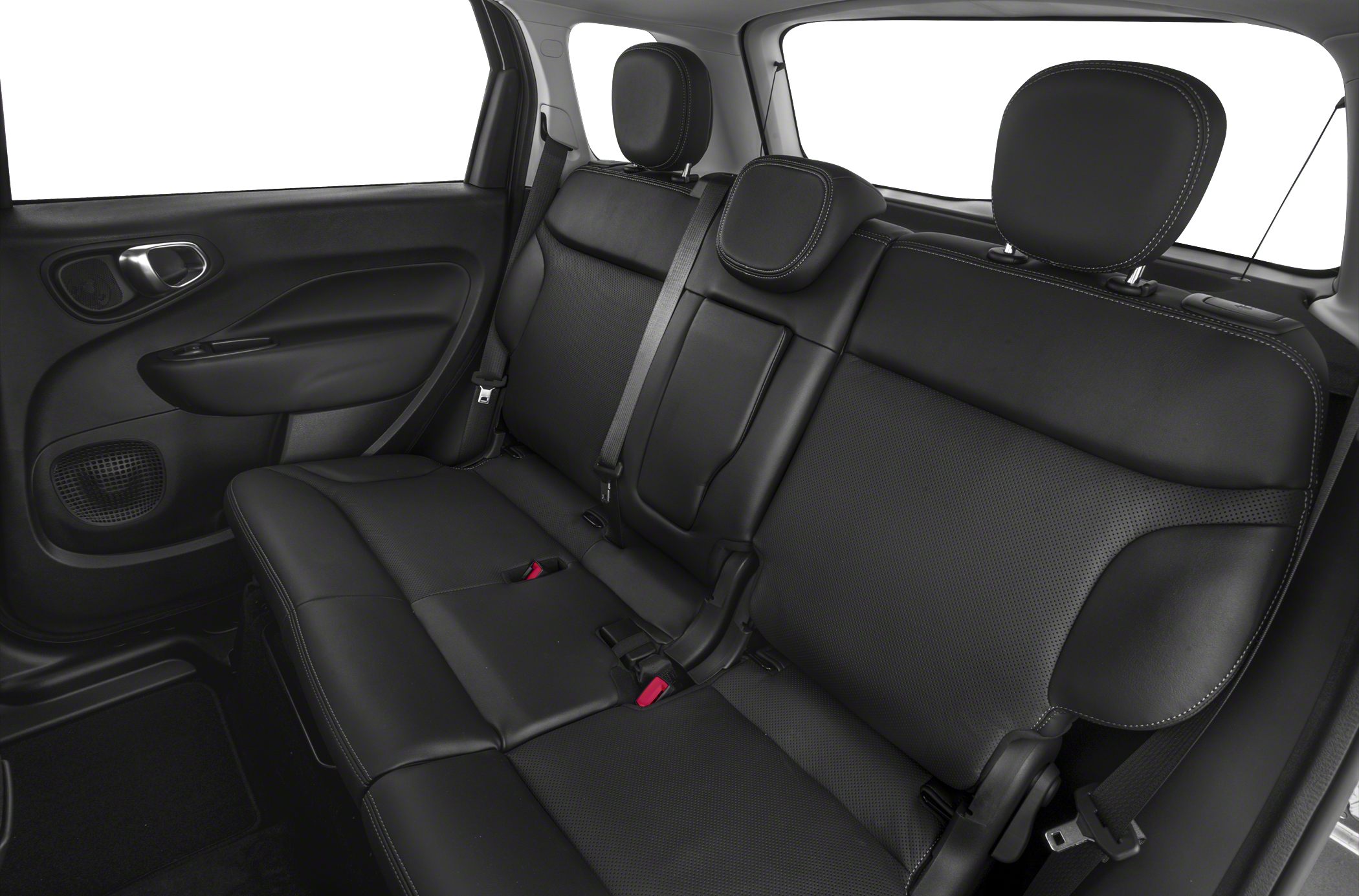 Rear seat interior with black leather upholstery and headrests