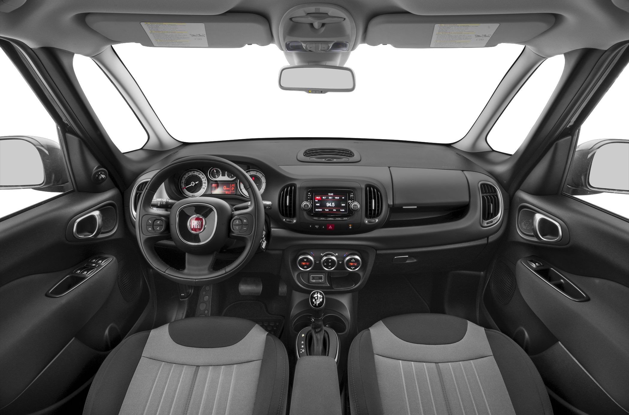 Dashboard, steering wheel, and center console of a car interior