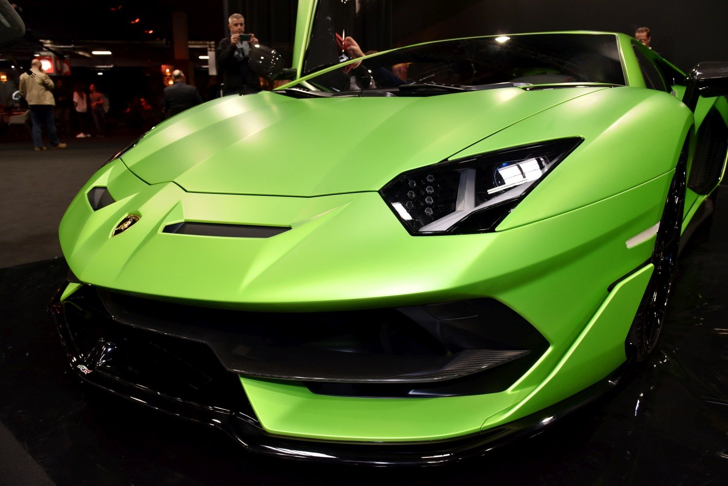 Aggressive front fascia and sharp LED headlights of a supercar