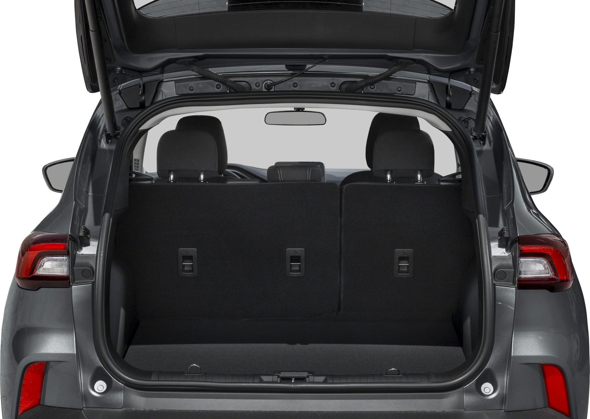 Spacious SUV trunk interior with open hatchback and rear seats visible