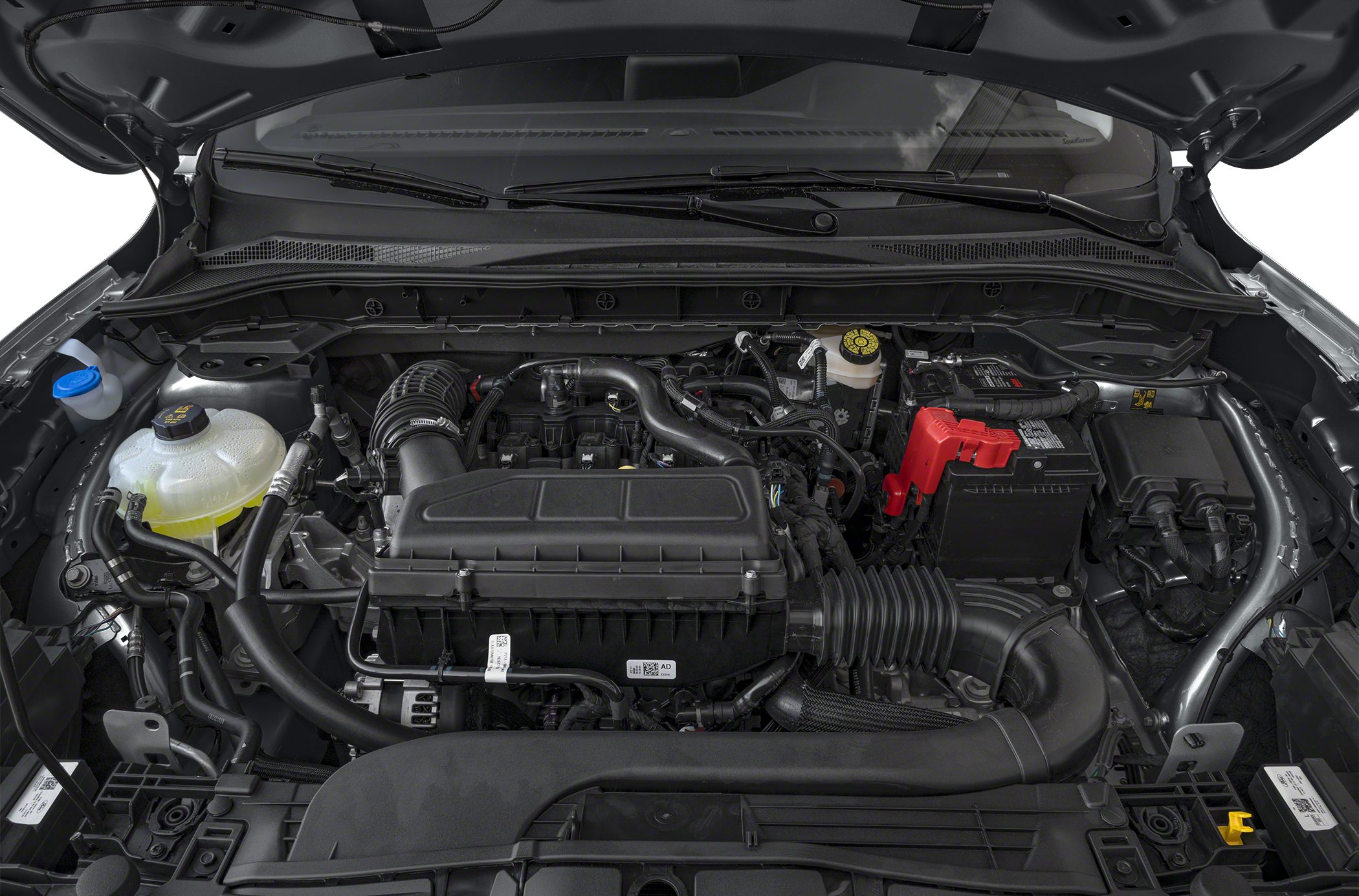 Modern engine bay with detailed engine components and fluid reservoirs