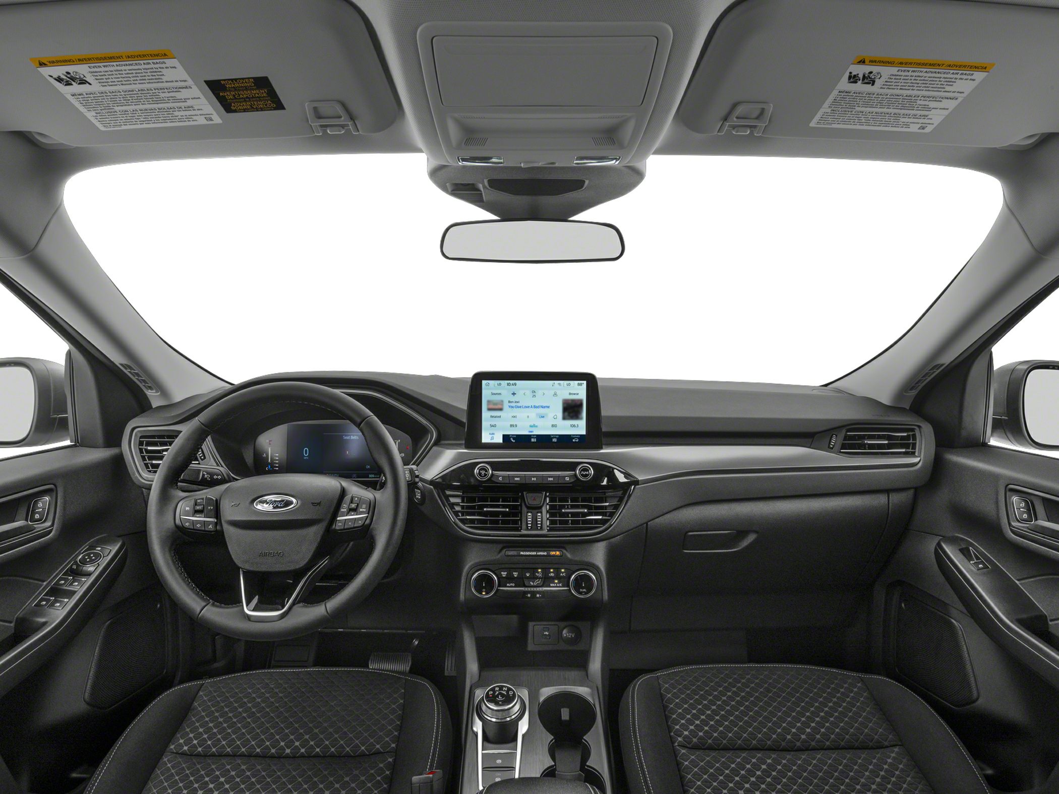 Digital instrument cluster and touchscreen infotainment center with multifunction steering wheel