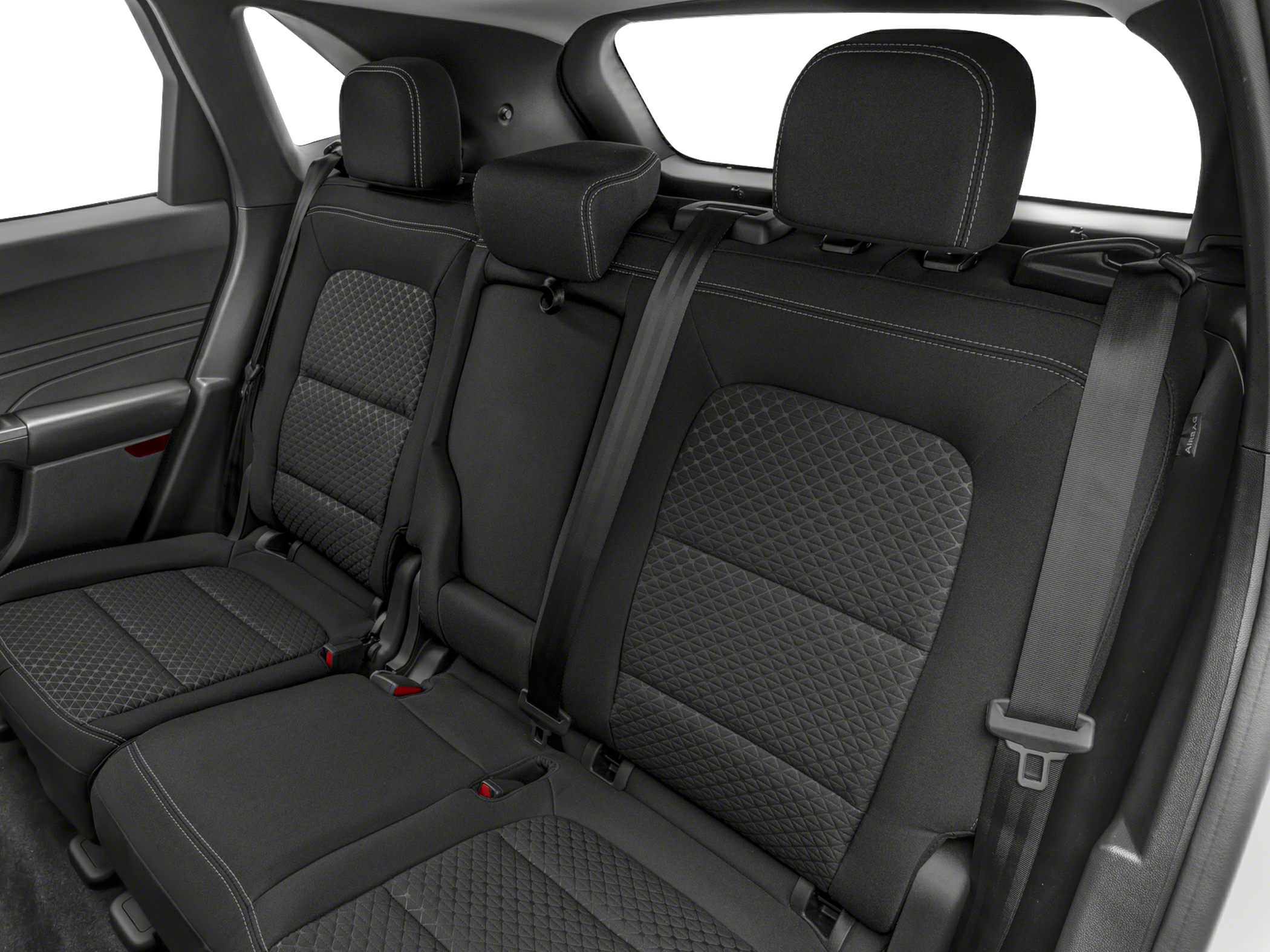 Quilted rear seat upholstery with headrests and seat belts