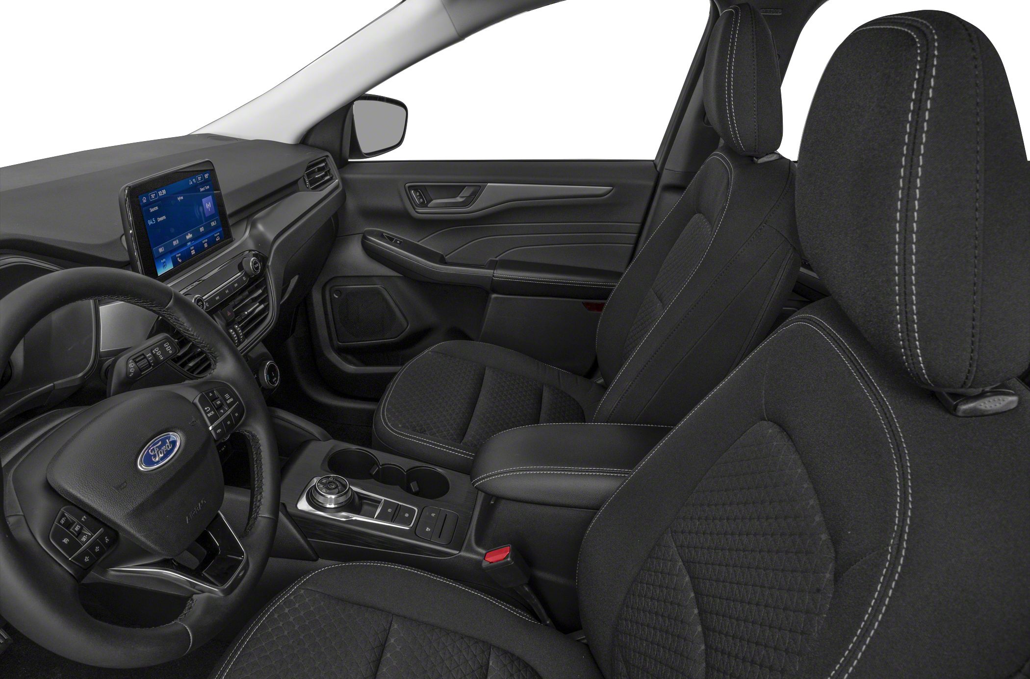 Touchscreen infotainment and rotary gear selector in front seat cabin