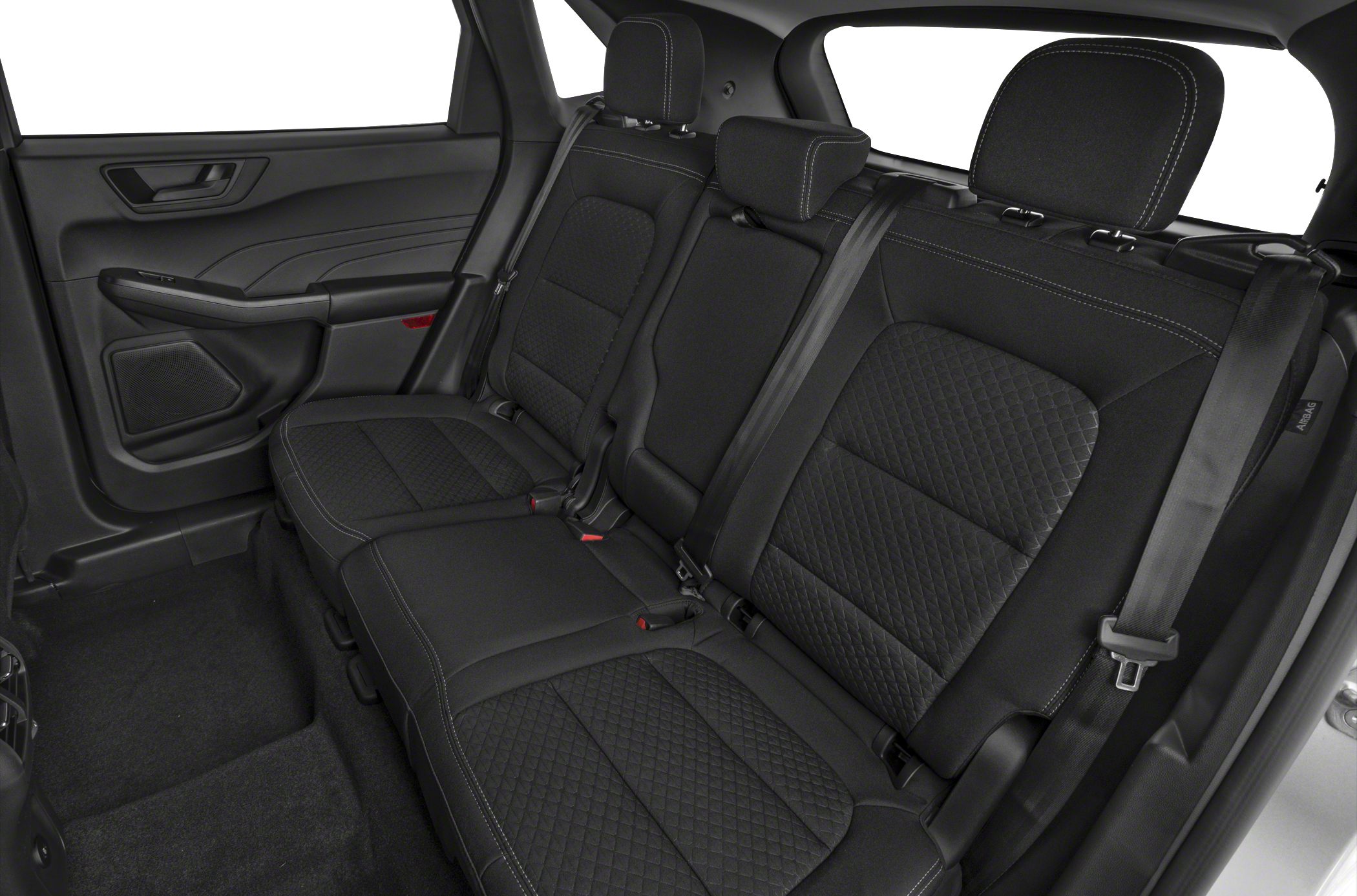 Quilted black rear seat interior with seatbelts and door panel