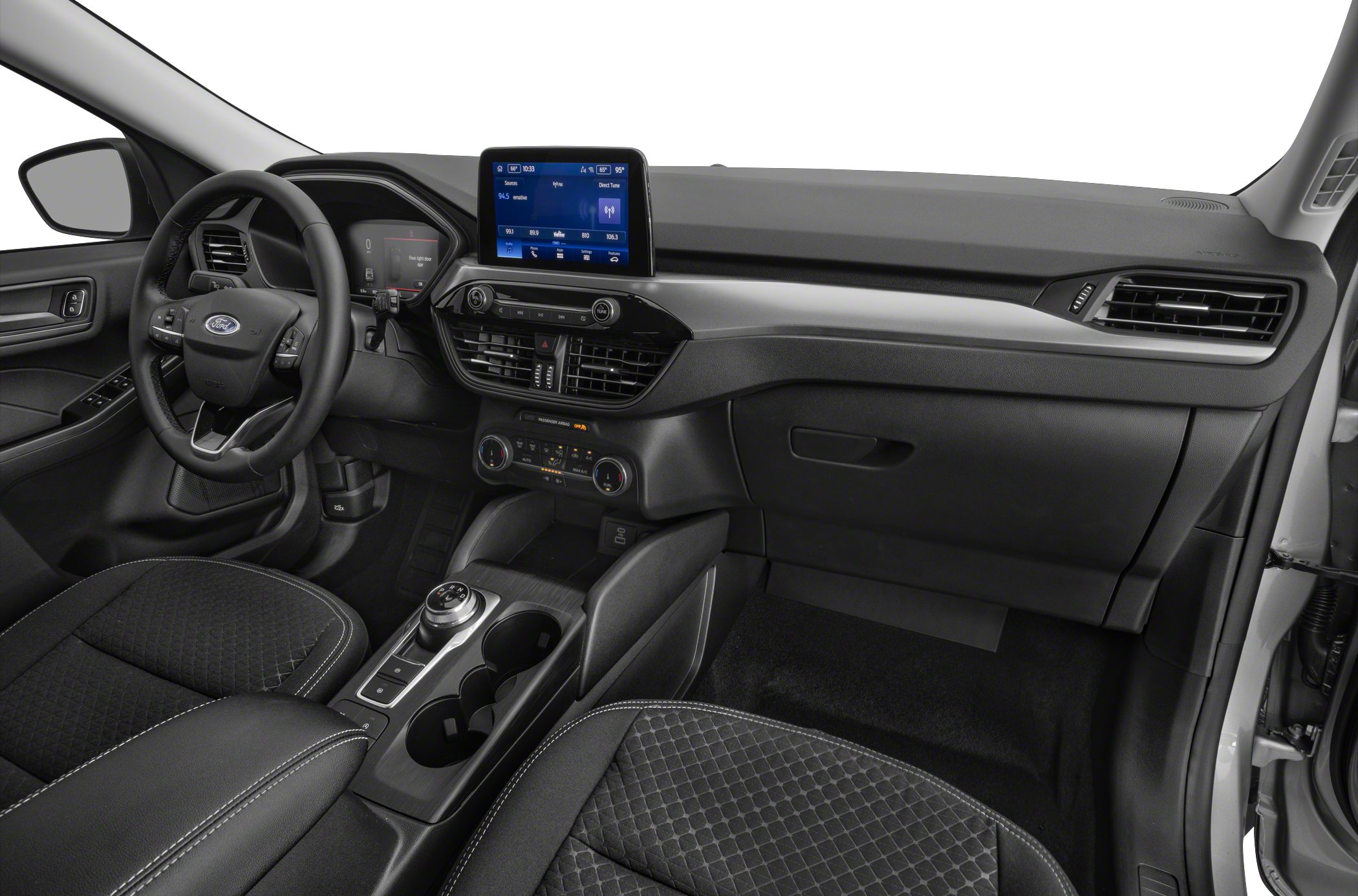 Digital dashboard and touchscreen infotainment system with rotary gear selector