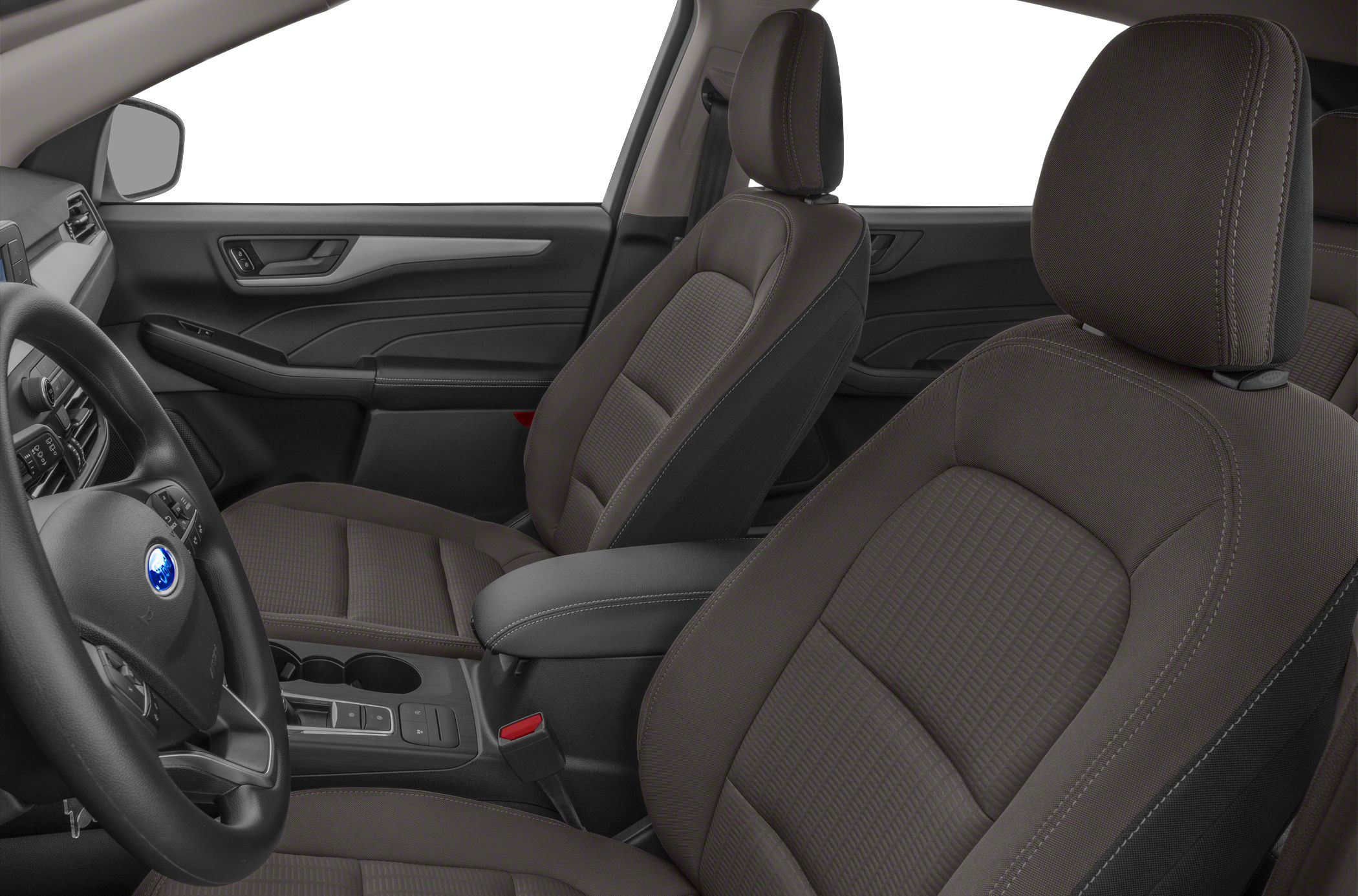 Front fabric seats and dashboard with multifunction steering wheel