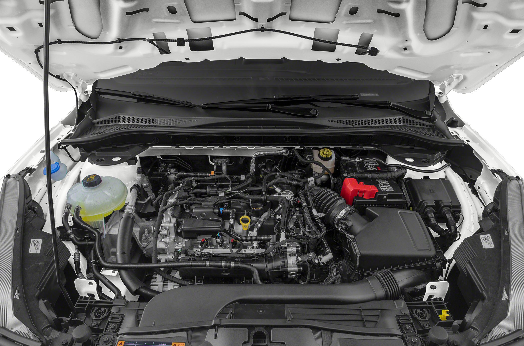Modern engine bay with detailed components and fluid reservoirs
