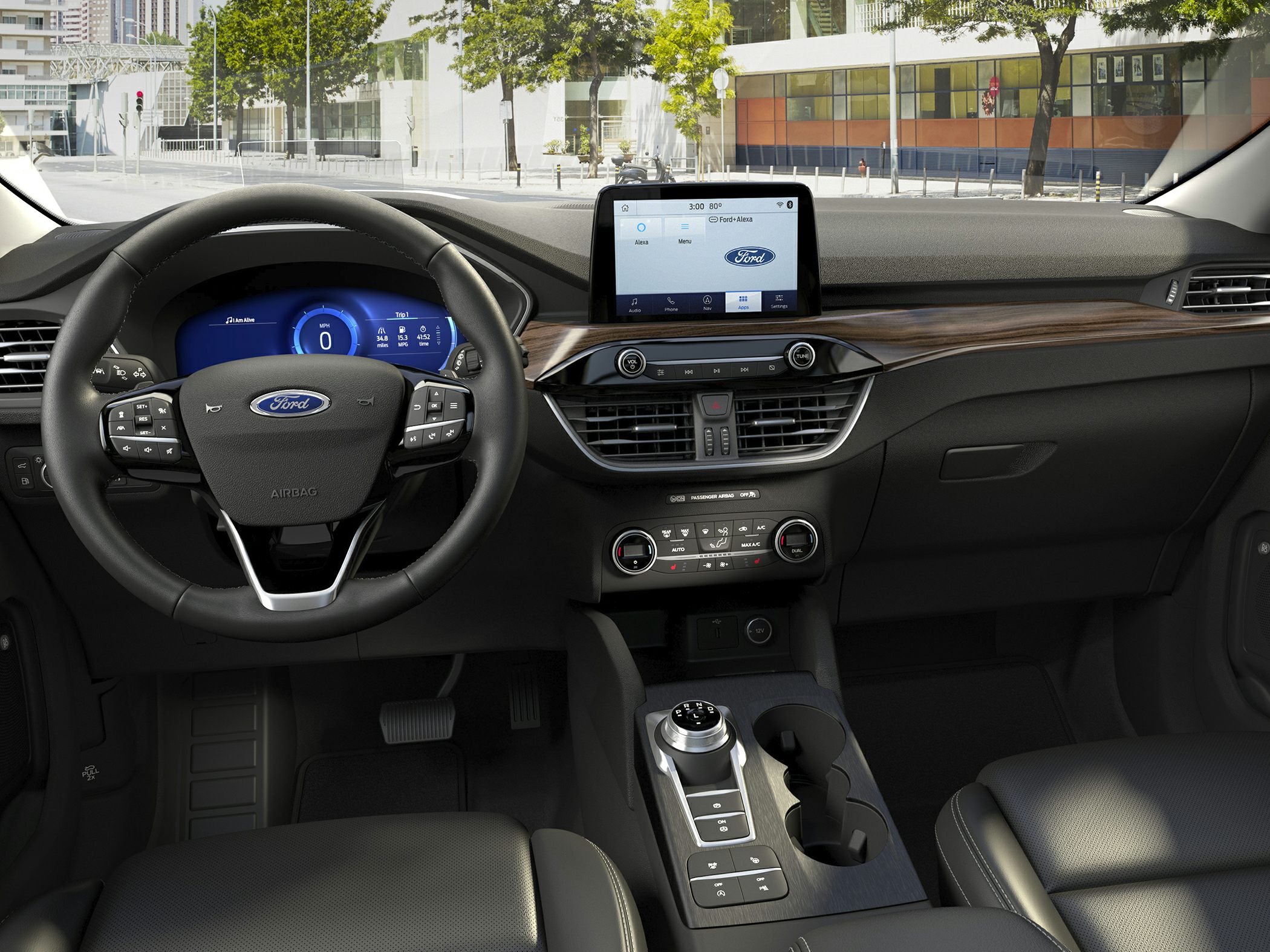 Digital instrument cluster, infotainment screen, rotary gear shifter, wood trim dashboard
