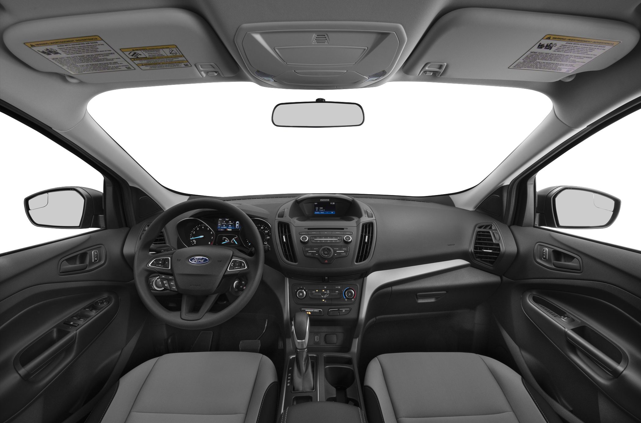 Interior dashboard and cabin with steering wheel and center console